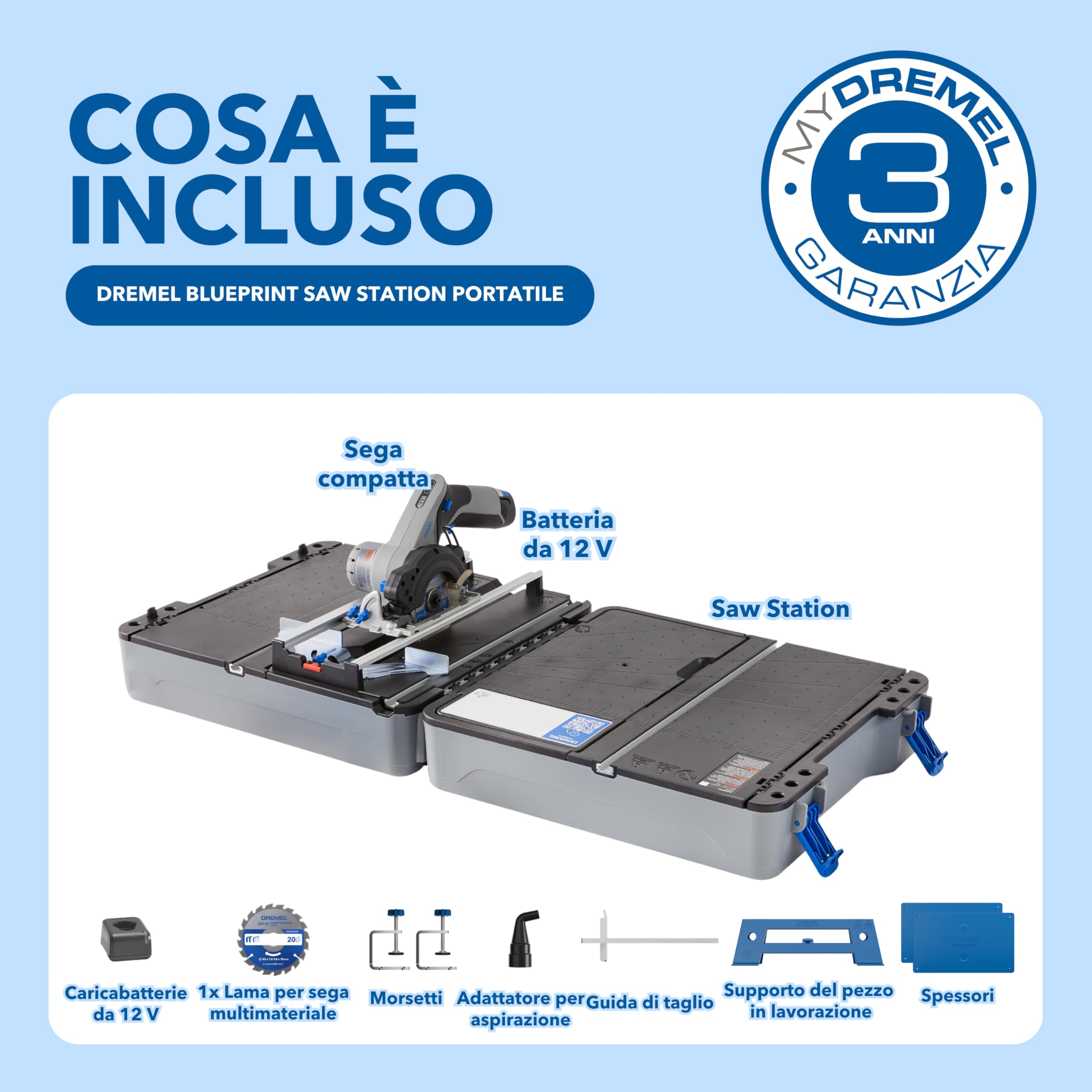 Dremel Blueprint 12V Saw Station Portatile Brushless con Sega Compatta Senza Fili, 1 Mobile Mallet, 2.0 Ah Batteria+Caricabatterie, 1 Lama per sega multimateriale, 1 Guida di taglio, 2 Morsetti