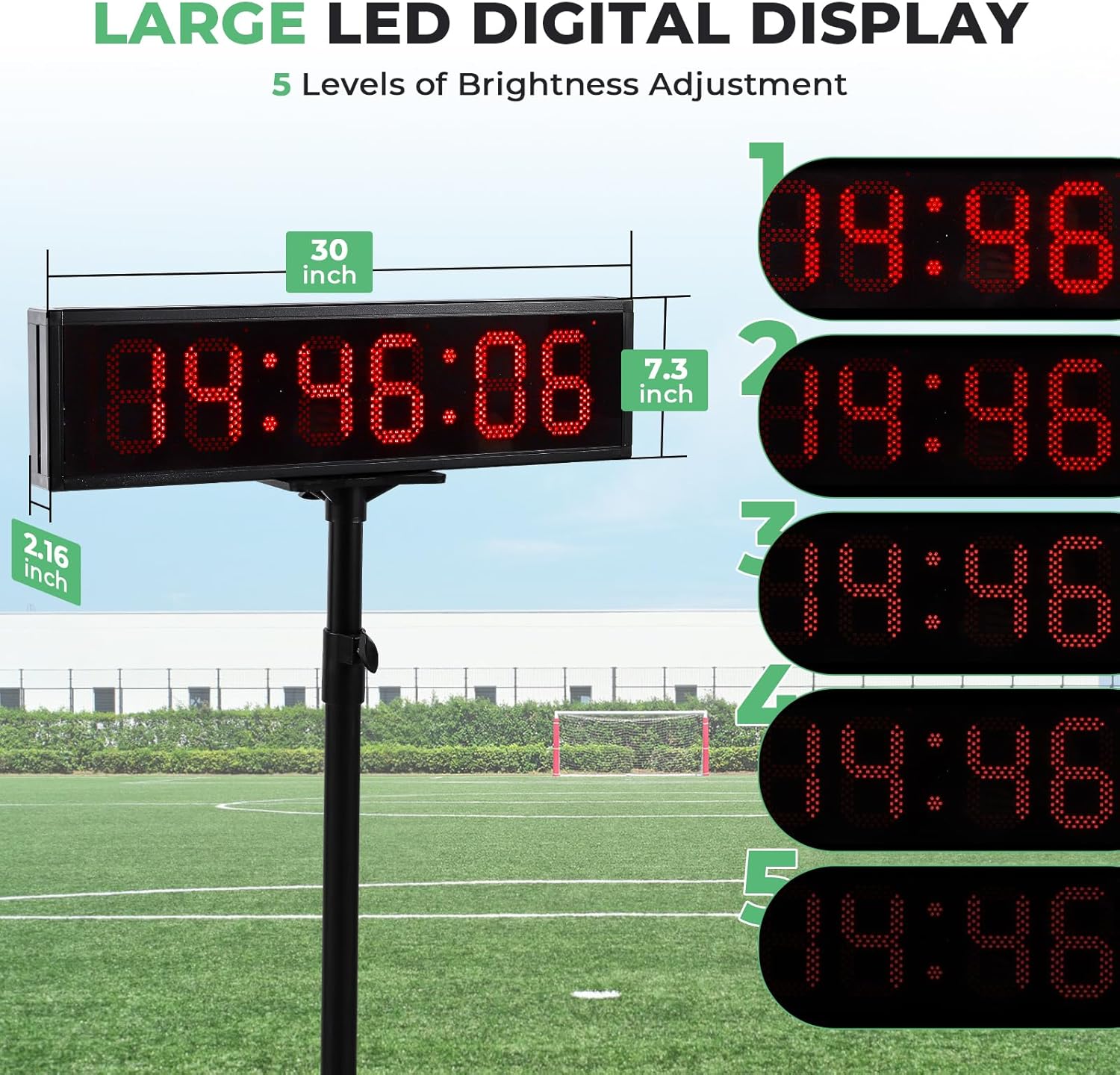 Flyrivergo Race Clock showing its large LED digital display with dimensions and 5 levels of brightness adjustment