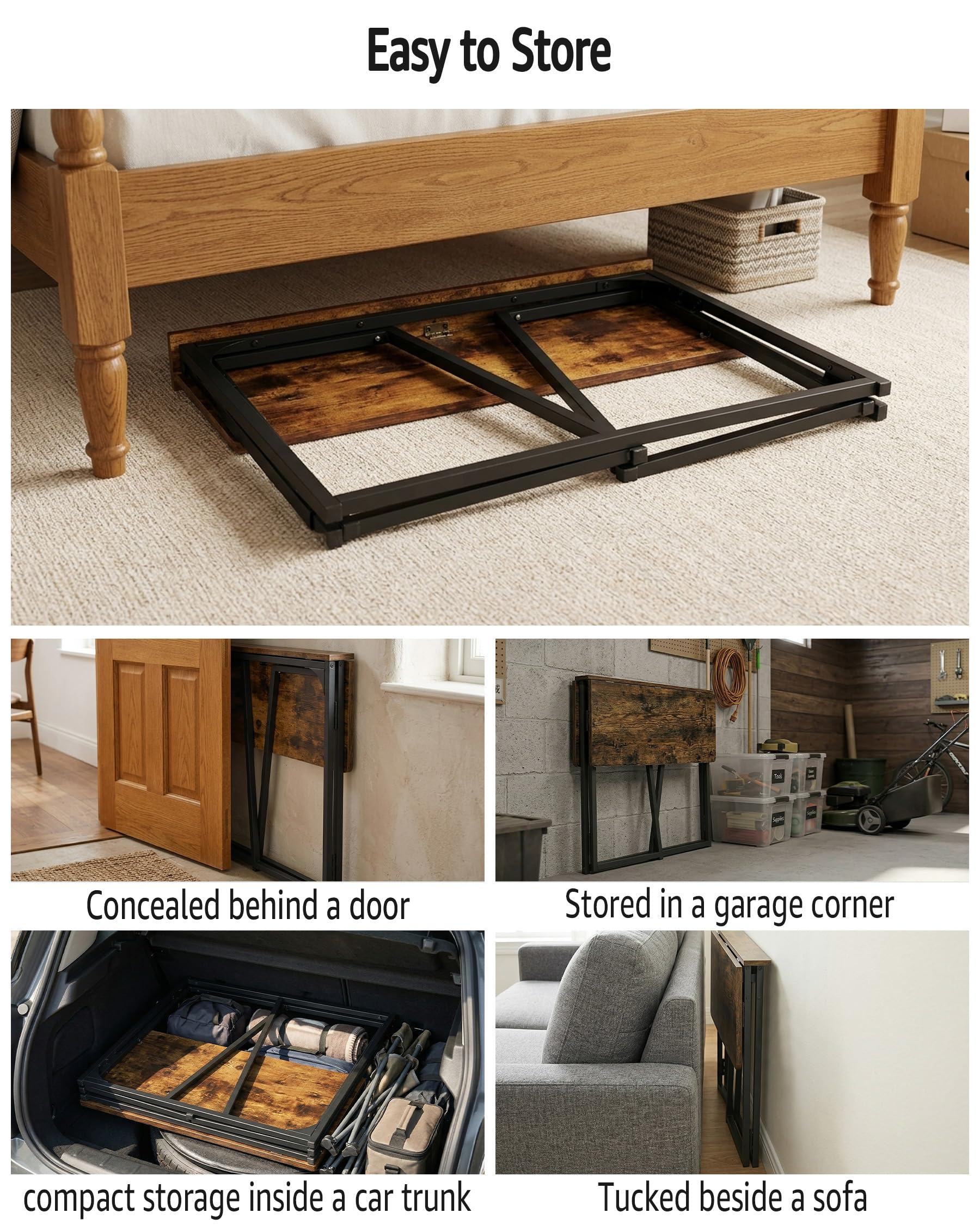 Scrivania pieghevole, 80 x 40 cm, effetto legno bruciato, facile da montare, piccola scrivania con telaio nero, perfetta per arredamento in stile industriale