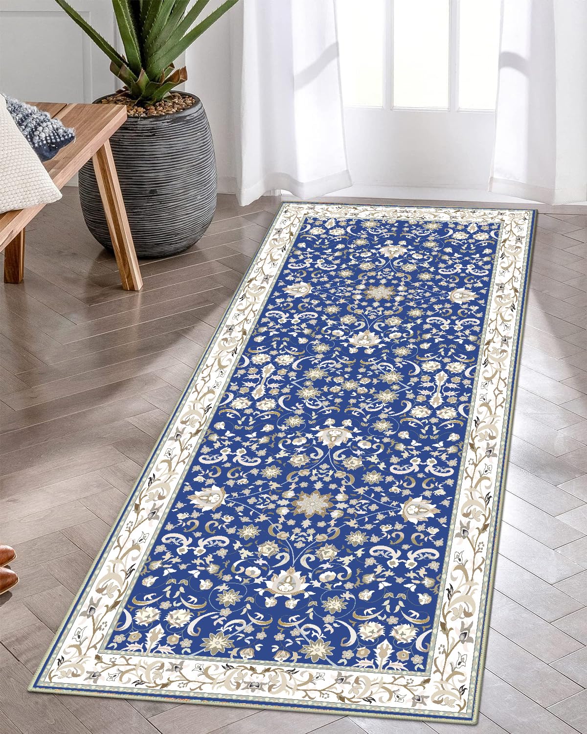 ishro home Premium Modern Runner Rug for Bedroom, Kitchen | Anti-Skid and Machine Washable | (45 x 120 Cm, Geometrical Blue)