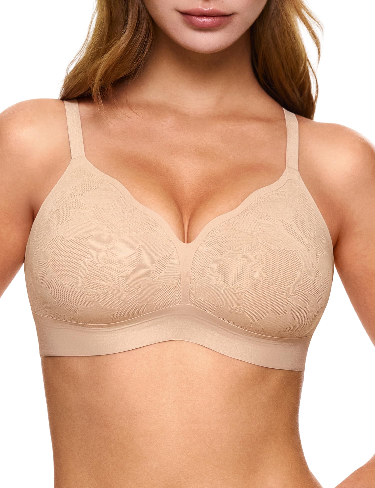 Women's Wireless No Show Lace Bras, Sexy Seamless Comfortable Bralettes No Underwire Scalloped Tshirt Bra