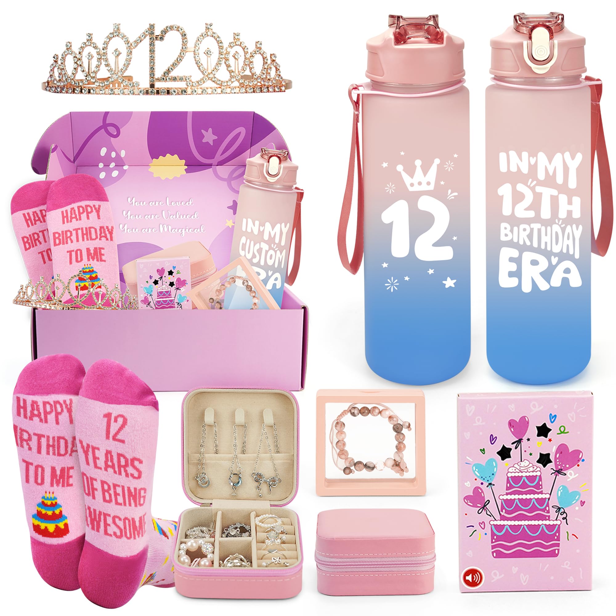 Epessa 12 Year Old Girl Gifts, 12th Birthday Gifts for Girls, 6 Pcs Personalised Hampers Includes Recording Greeting Card, 25oz Tumbler, Birthday Presents for Daughter,Teen, Niece