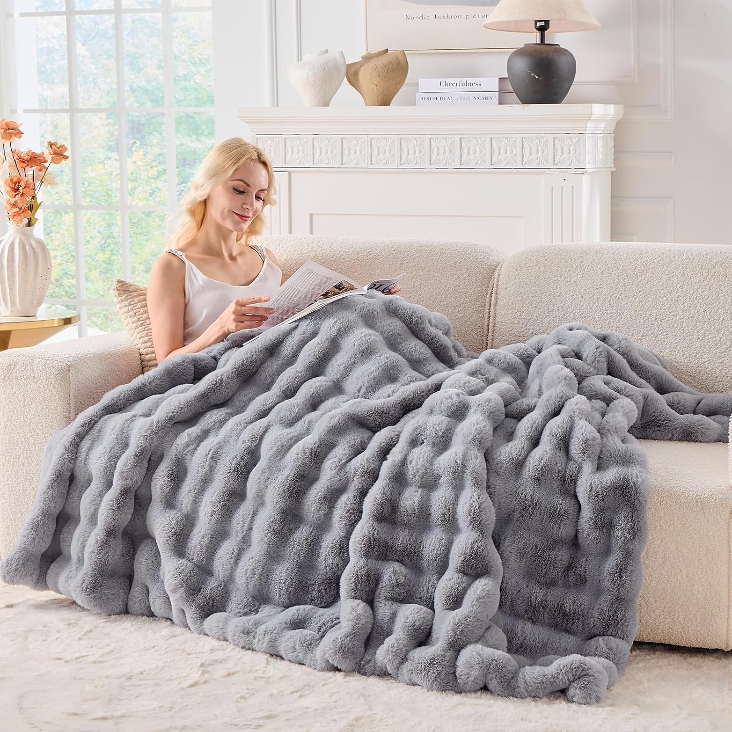 BENVWE Fluffy Faux Fur Throw Blanket for Couch, Soft Plush Thick Cozy Fuzzy Luxury Minky Bubble Blanket for Home Living Room Decor Gift for Women, Light Grey, 51" x 63", 1100GSM - Image 8