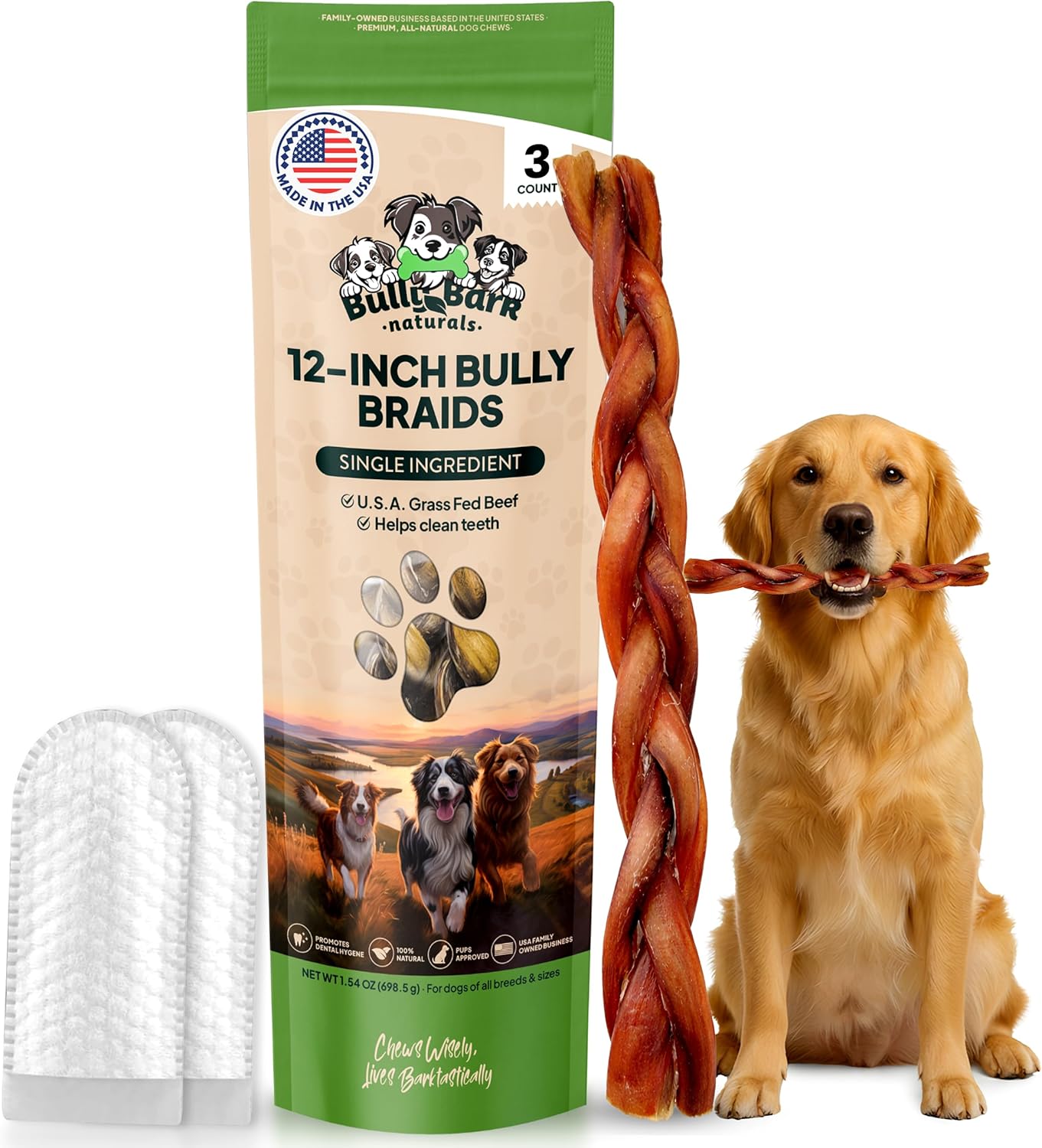 12” Odor Free Braided Bully Sticks for Dogs - 3 Count - 100% Natural Grass-Fed Beef Braided Dog Chews, High Protein, Fully Digestible & Rawhide Free, Long Lasting Bully Braids for All Breed Sizes