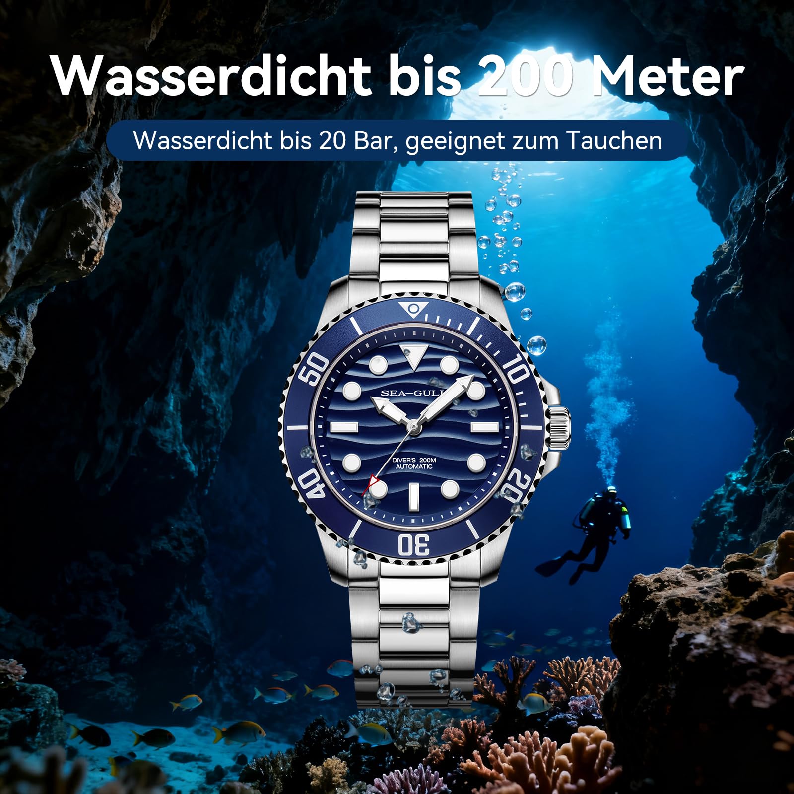 Seagull Automatische Taucheruhr für Herren, 200 m wasserdicht, mechanische Uhr, Saphirglas, 316L Edelstahl-Armband, Oktopus-Gravur, Gehäuseboden 6203
