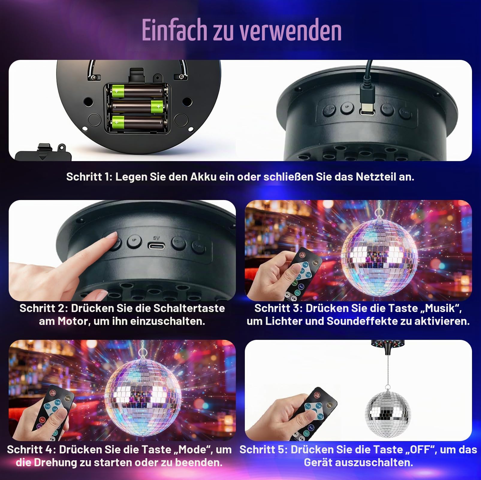 Discokugel mit Motor und Licht,20 cm Spiegelkugel mit 30 LED Perlen | 6 Farbmodi 3 Programme, Fernbedienung & Soundsteuerung, USB/Batterie-Betrieb für Partys, Disco, Events