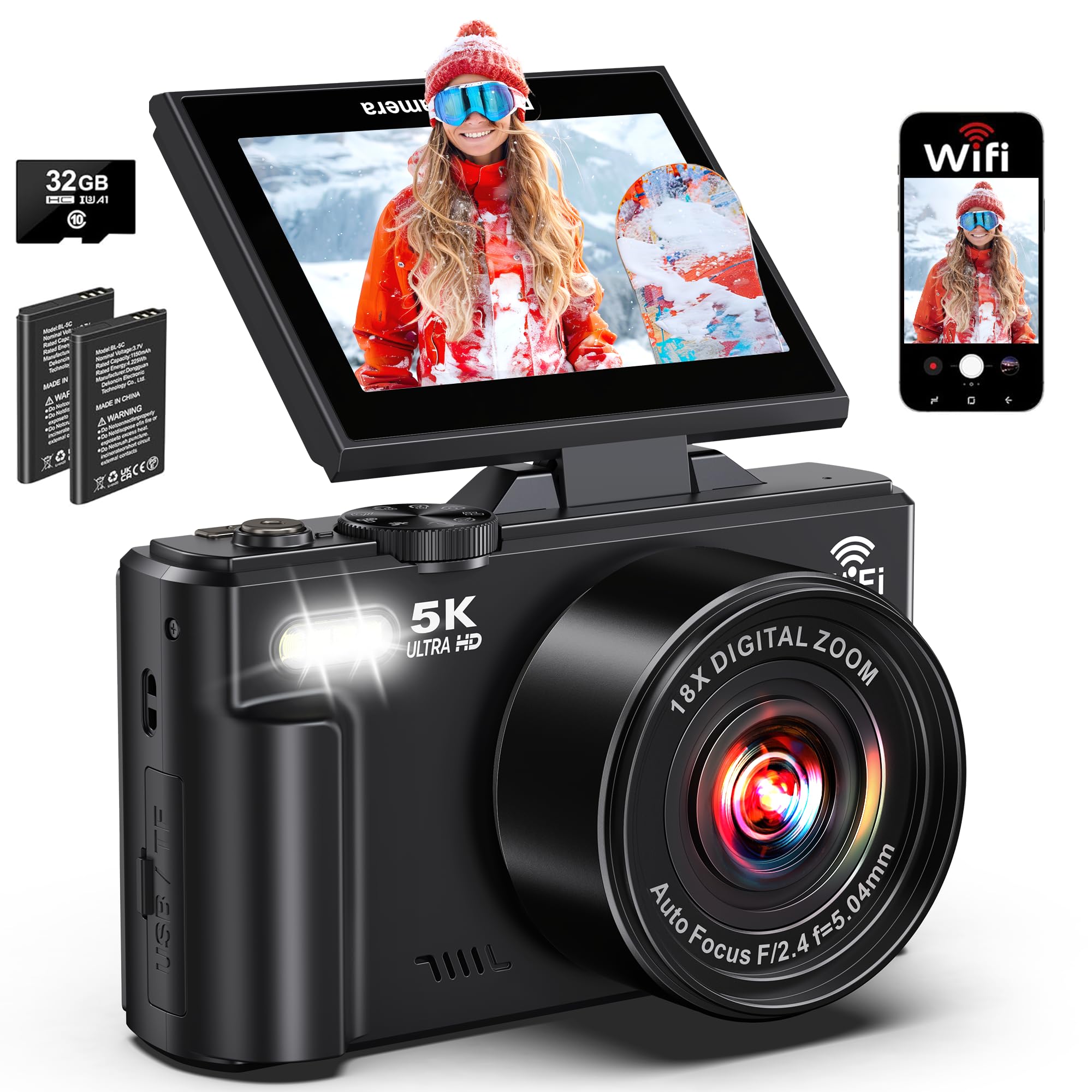 5K Digital Camera - WiFi 75MP Cameras for Photography - UHD Vlogging Camera for YouTube with 3" 180° Flip Screen - Autofocus Video Travel Camara Gifts with 18X Zoom, 32GB SD Card, 2 Batteries