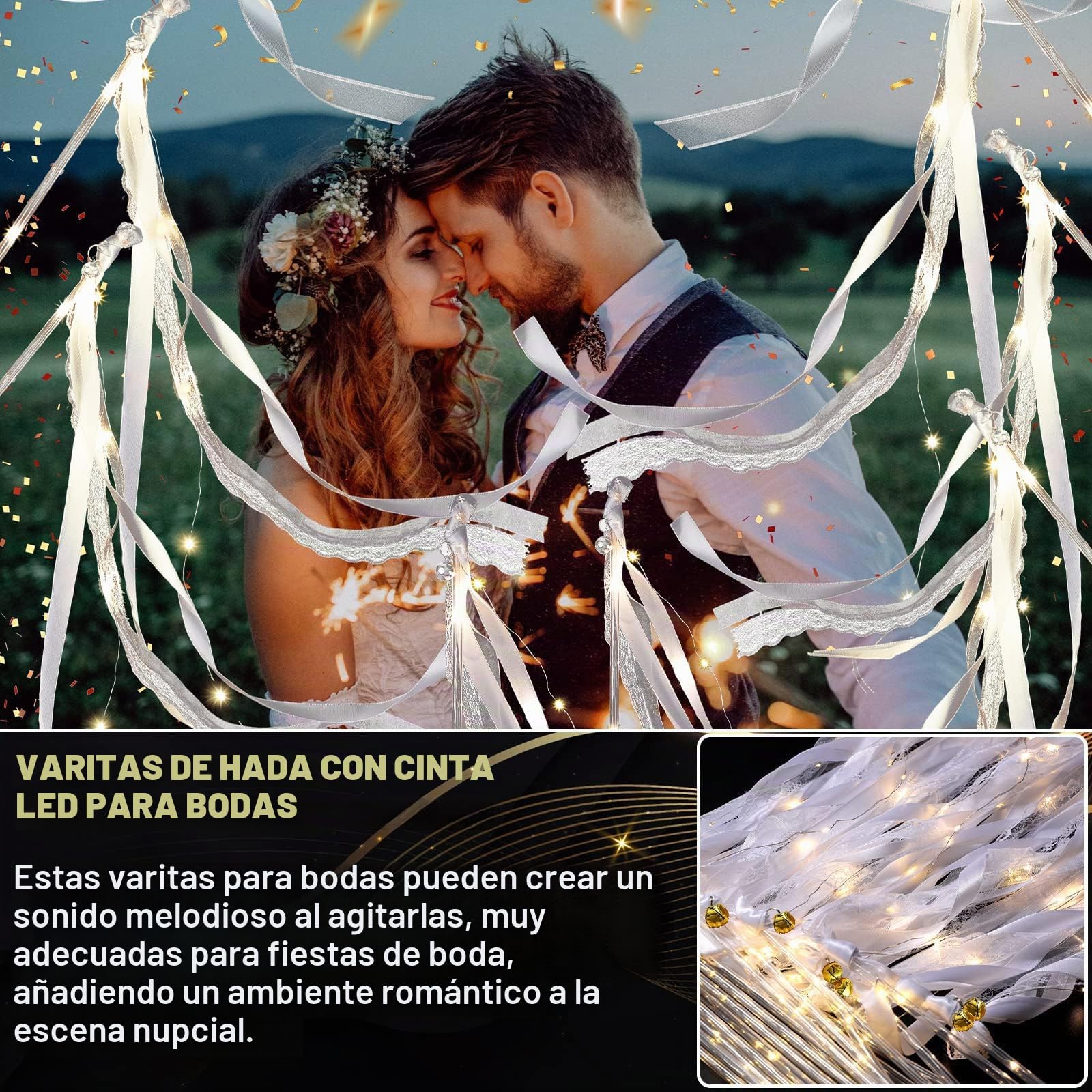 Varitas de Boda con LED luz fluorescente, 50 Piezas Varitas de Cinta | Campanas,Serpentinas de Cintas Boda,Serpentinas para Bodas, Magica Cinta Wedding Wands para Cumpleaños, Navidad, Fiestas