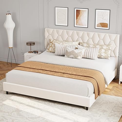 GAOMON King Bed Frame with Upholstered Headboard, Heavy-Duty Platform Bed Frame with Strong Wood Slats, No Box Spring Needed/Noise Free/Easy Assembly, Ivory White
