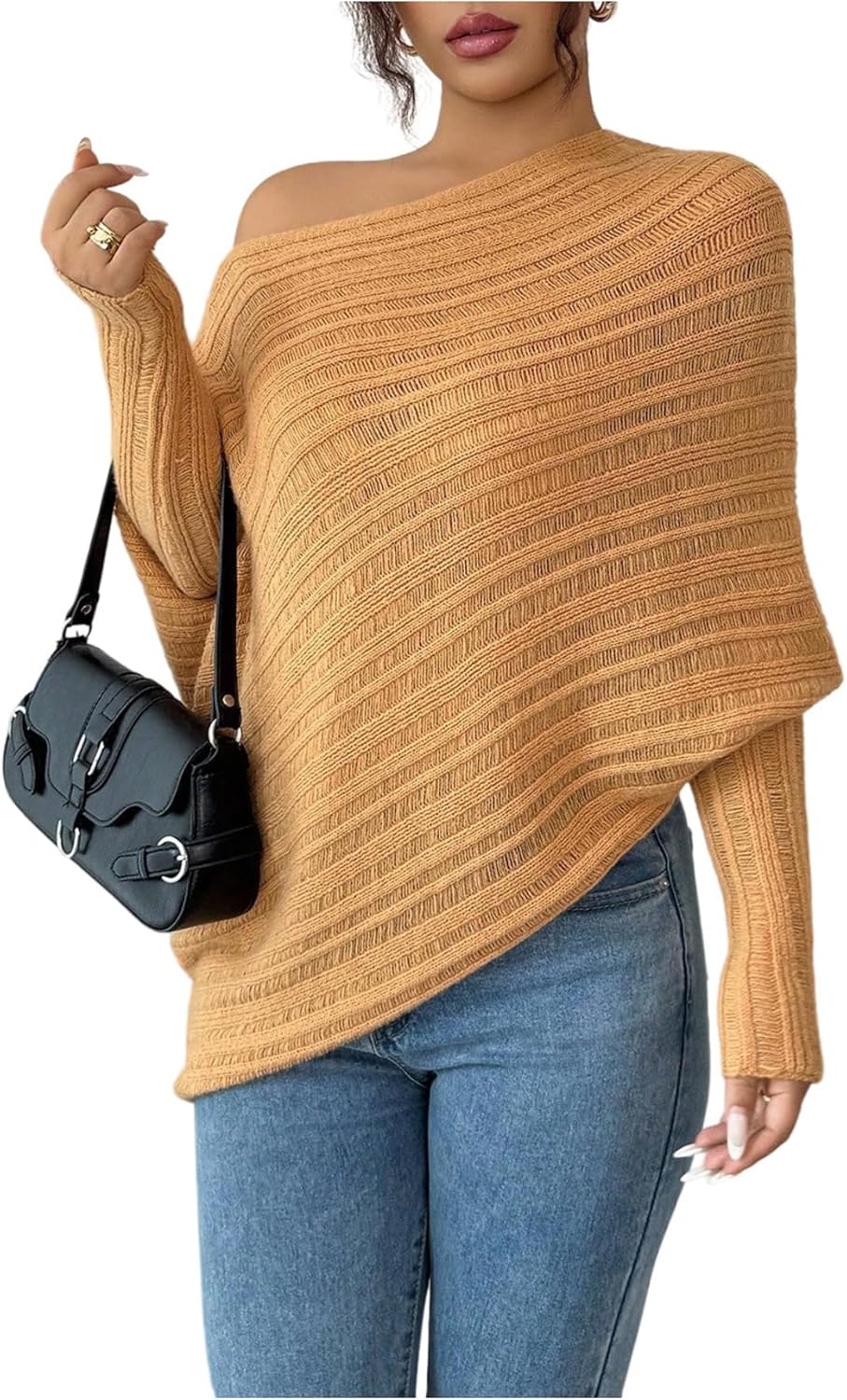 Milumia Women's Off The Shoulder Sweater Dolman Long Sleeve Asymmetrical Knit Tops