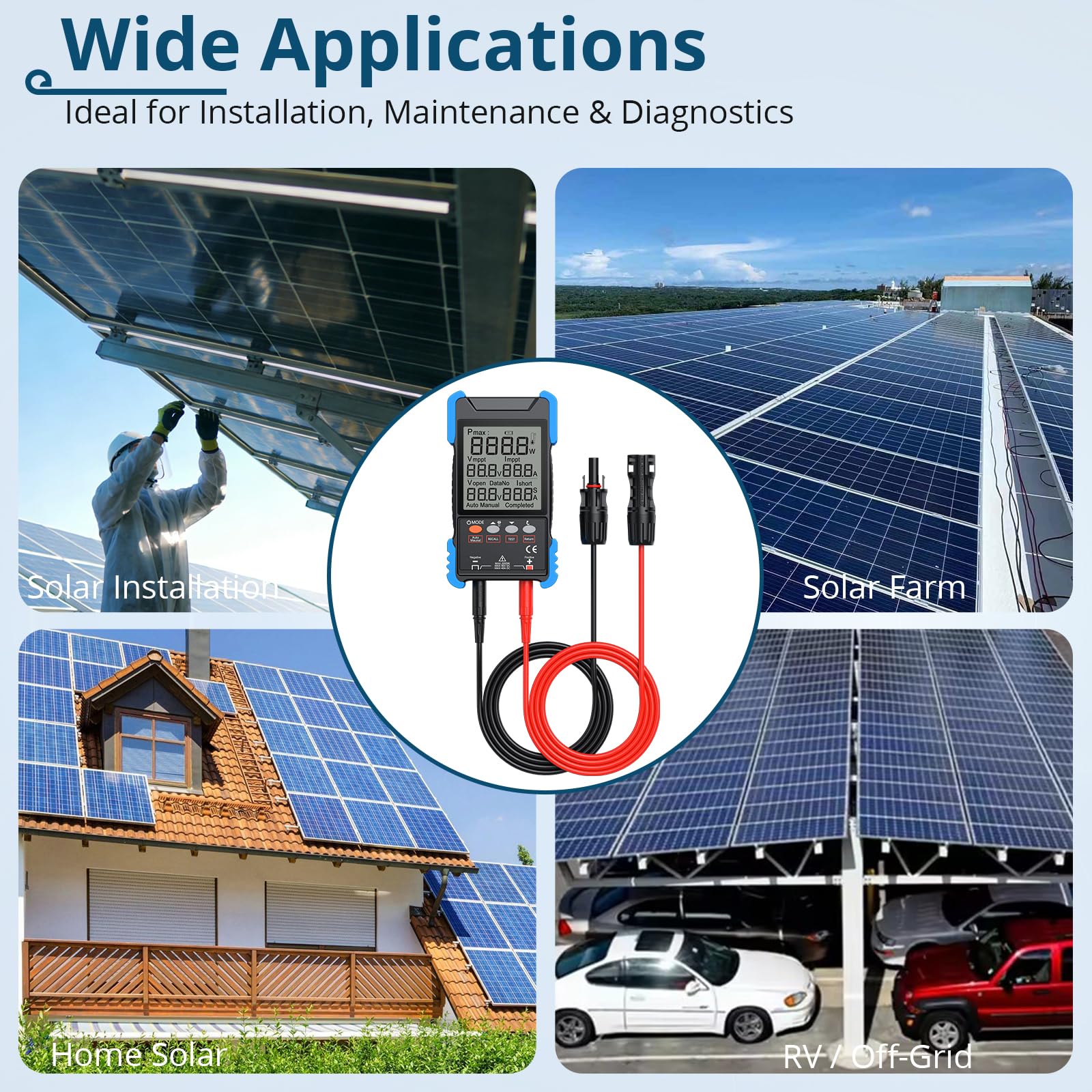 2000W Solarpanel Tester MPPT Photovoltaik Messgerät 3-90V/40A, PV Messer mit LCD Display, Akku & MC4 Anschluss für Solarpanel Prüfung