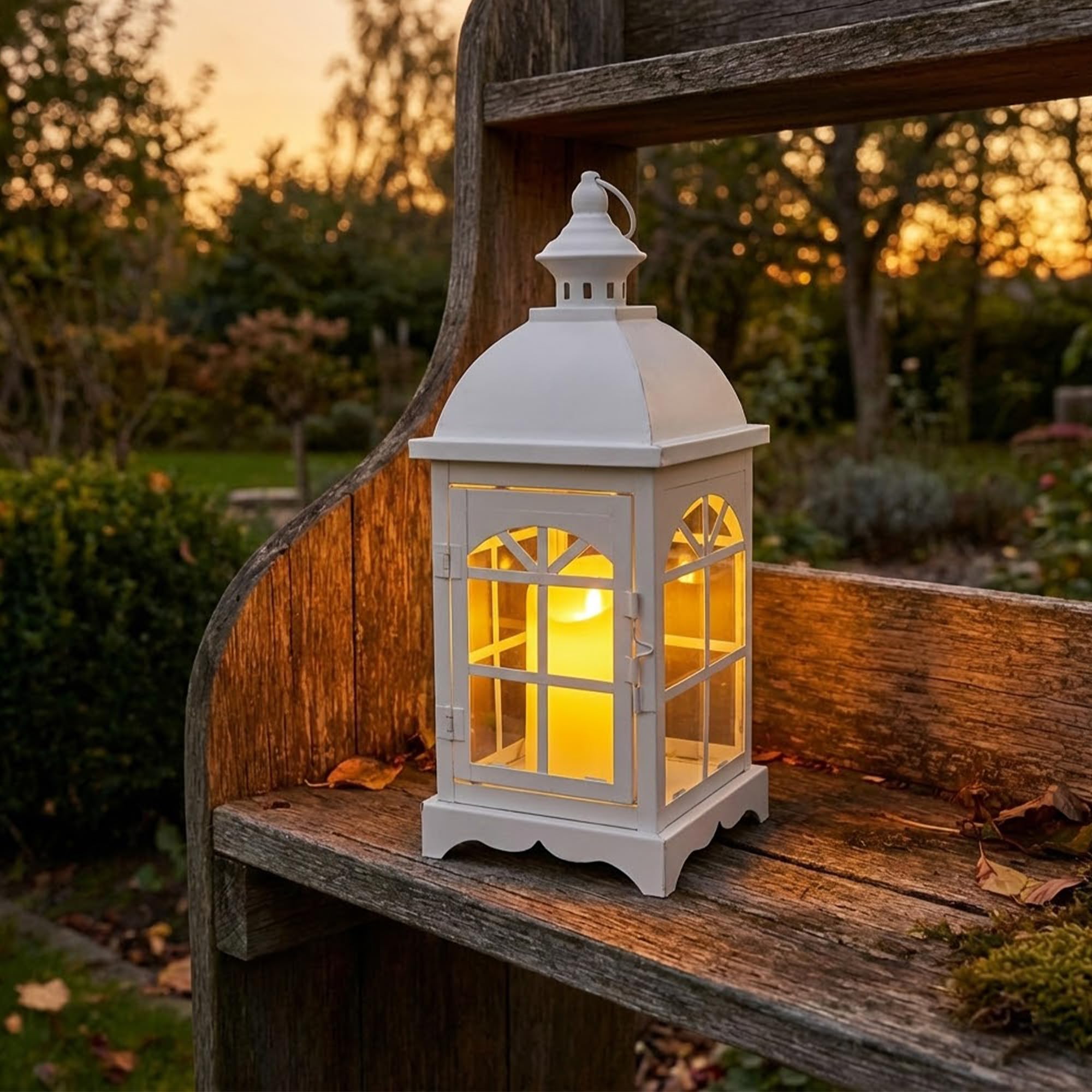 TRIROCKS Dekorative Vintage-Kerzenlaternen, 37 cm Hoch, Bauernhaus-Hängekerzenhalter mit Gehärtetem Glas, für Veranda, Balkon, Terrasse, Haus, Garten, Hochzeit, Drinnen und Draußen (Weiß)
