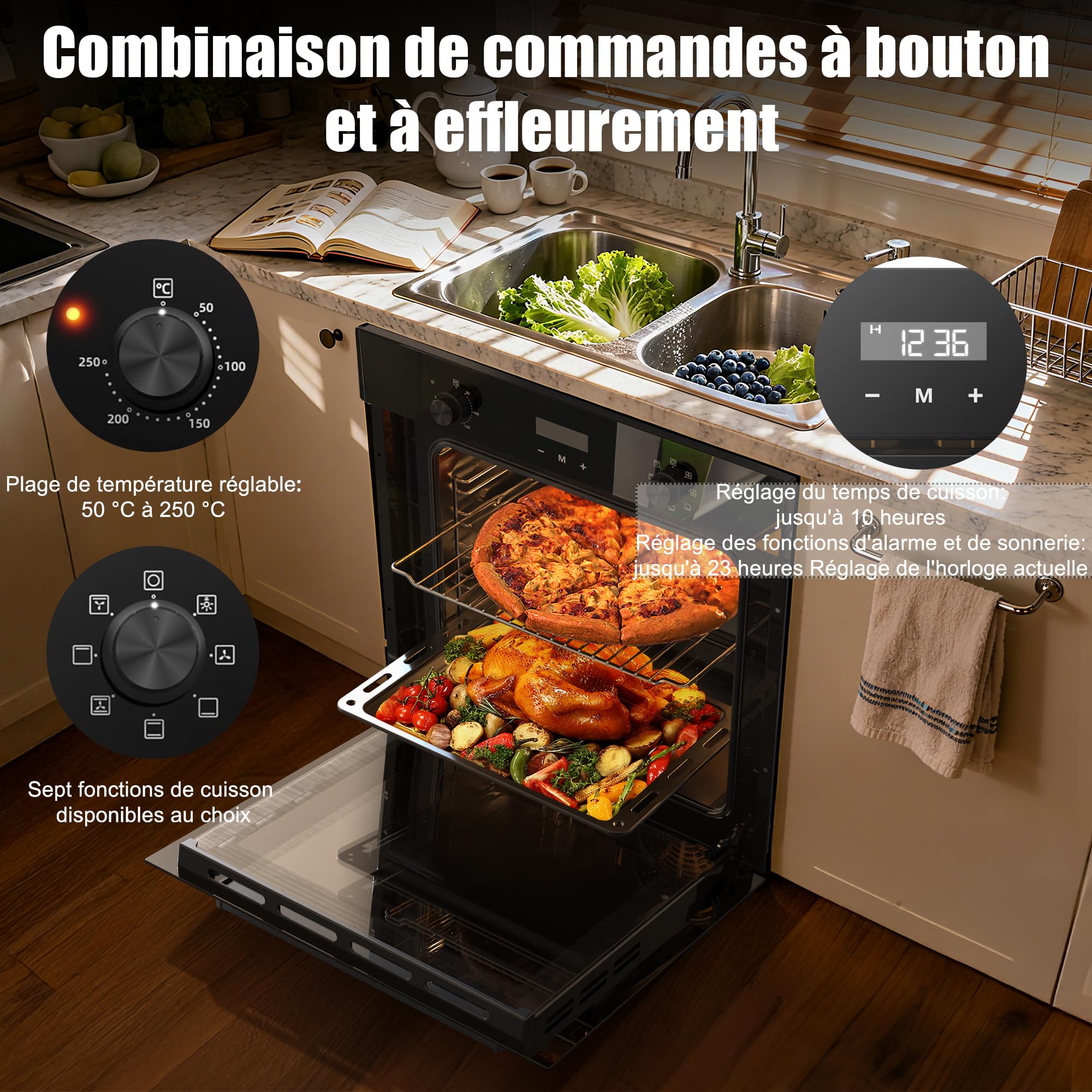 Four Encastrable 60CM avec Prise, 60 Litres, 2000W, 7 Fonctions, Bouton Rotatif+Table de Cuisson Vitrocéramique 3 Feux, 5700W, Plaque électrique Encastrable 60CM