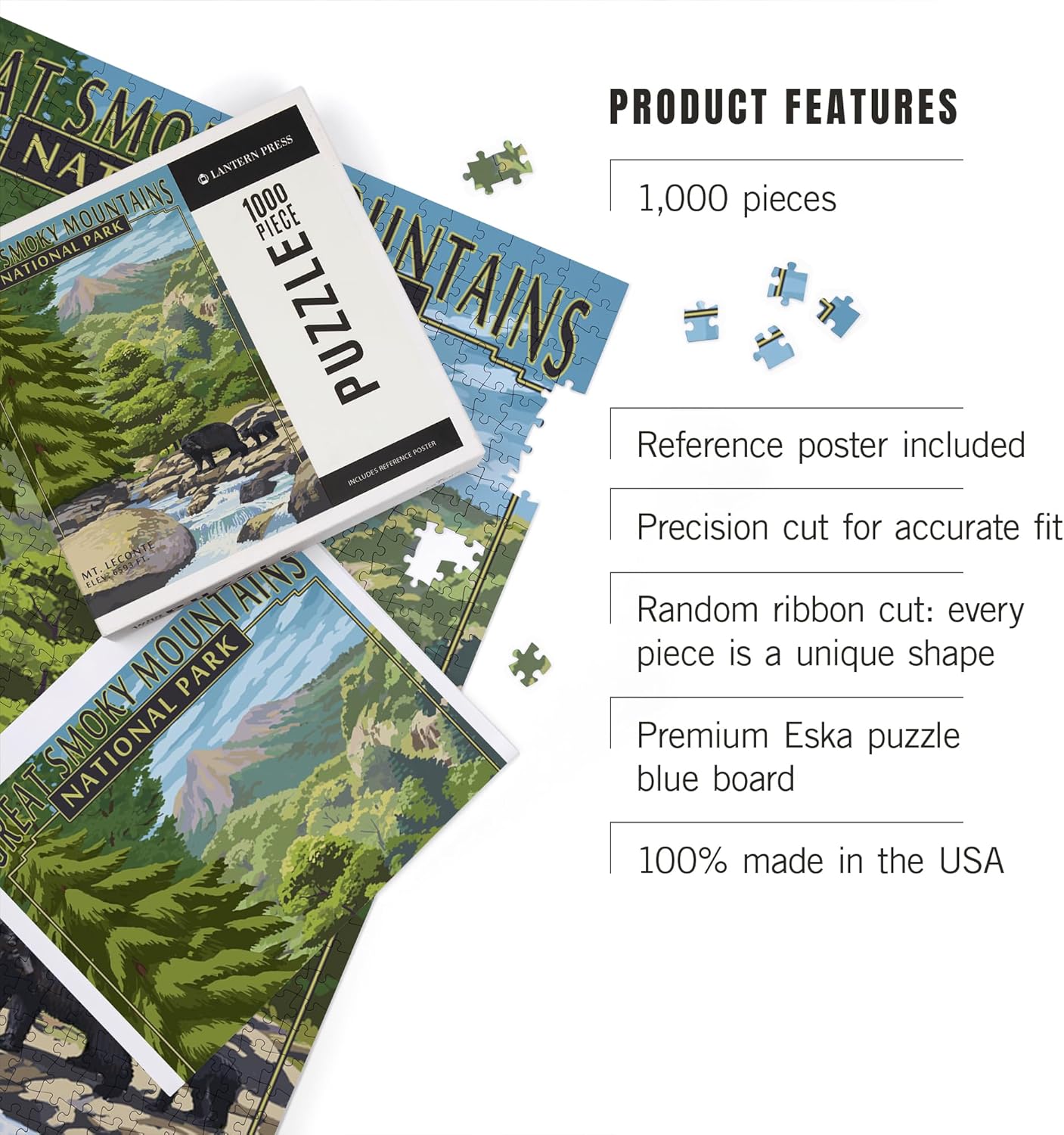 Great Smoky Mountains National Park, Tennessee, Leconte Creek and Mt. Leconte Press (1000 Piece Puzzle, Challenging Jigsaw Puzzle for Adults, Made in USA)
