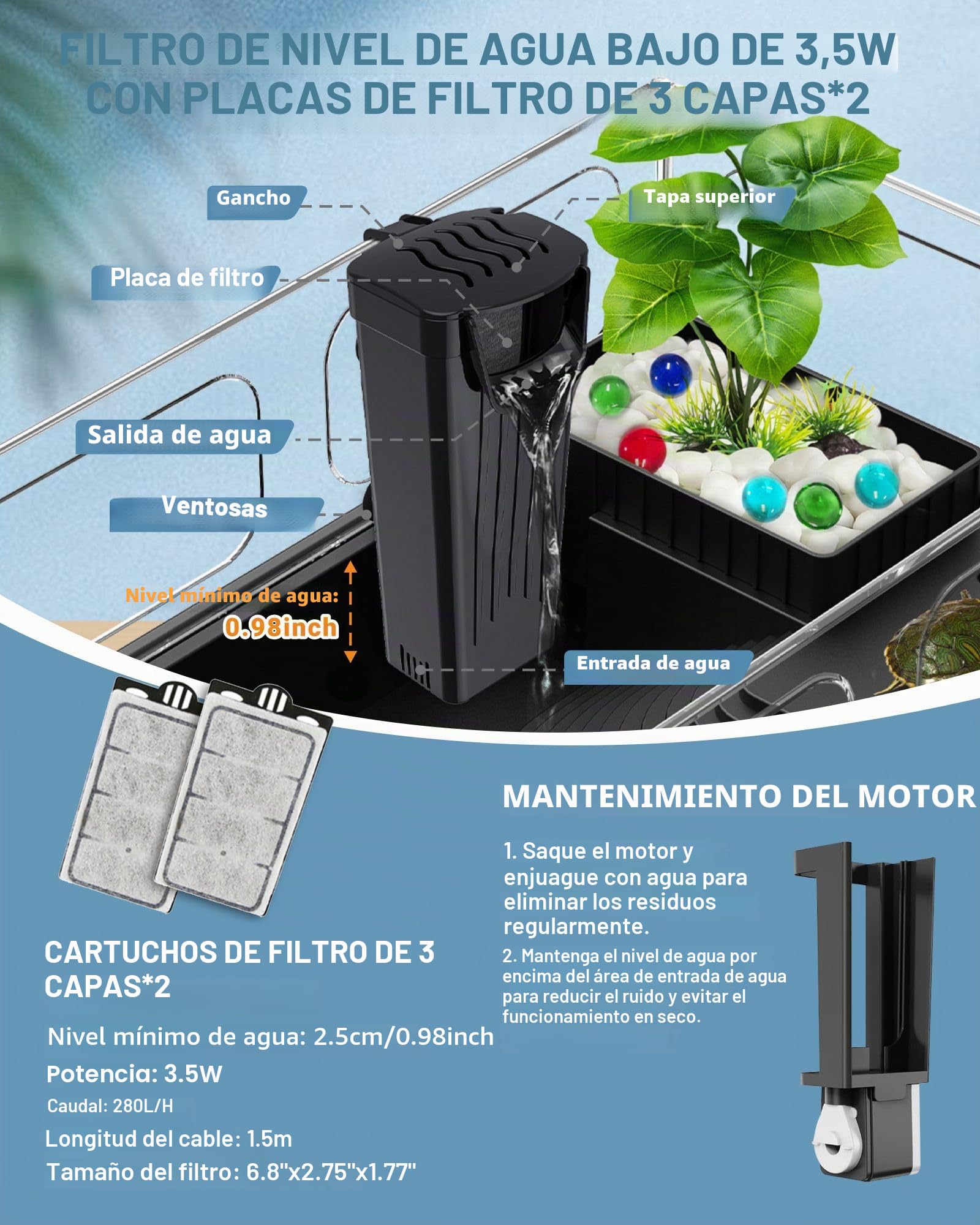GOZILLA Kit de Tanque de Tortuga pequeña (Tanque + lámpara + Filtro), Kit de Inicio de Tortuga acrílica con lámpara Ajustable, hábitat de Reptiles y terrario con áreas multifuncionales para pequeños