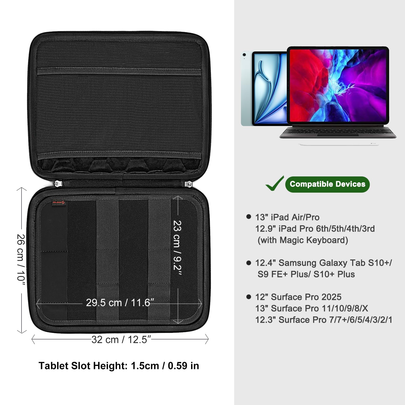 FINPAC Etui na tablet do 13 cali iPad Air M4/M3/M2 2026, 13" iPad Pro M5 M4 2025, 12,9" iPad Pro, 13" Surface Laptop, 12" Surface Pro, twarde etui z organizerem na kable, koncentratorem USB i rysikiem