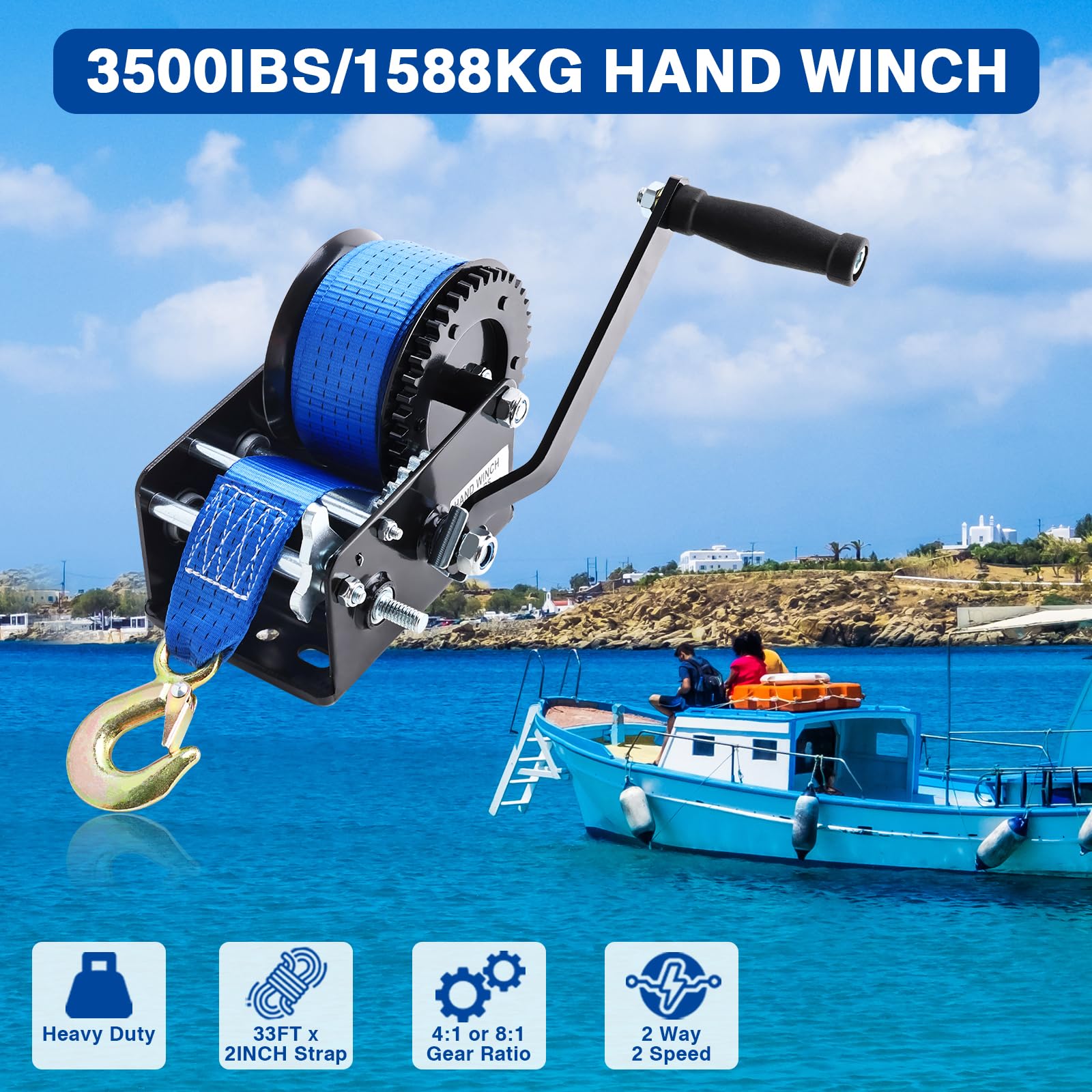 FreeTec Verricello manuale da 3500 lbs | Cinghia di sollevamento in poliestere da 10 m (50 mm) | Cambio a 2 marce per barche e camion