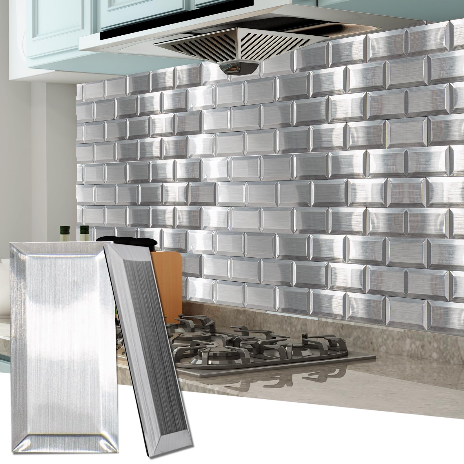 100 Pcs Peel and Stick Backsplash Tiles, 3D Textured Metal Stick On Subway Wall Tiles for Kitchen Back Splashes, Bathroom, Laundry Room, 3 x 6 Inch, Stainless