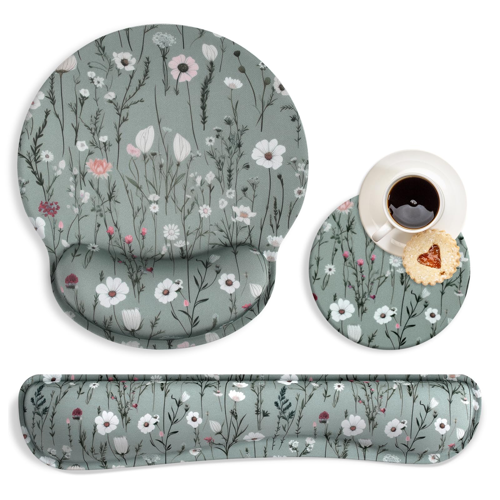 Green Floral Mouse Pad with Wrist Rest and Keyboard Wrist Set, Wildflower Ergonomic Memory Foam Mouse Pad Set for Women, Office, Typing, Gaming