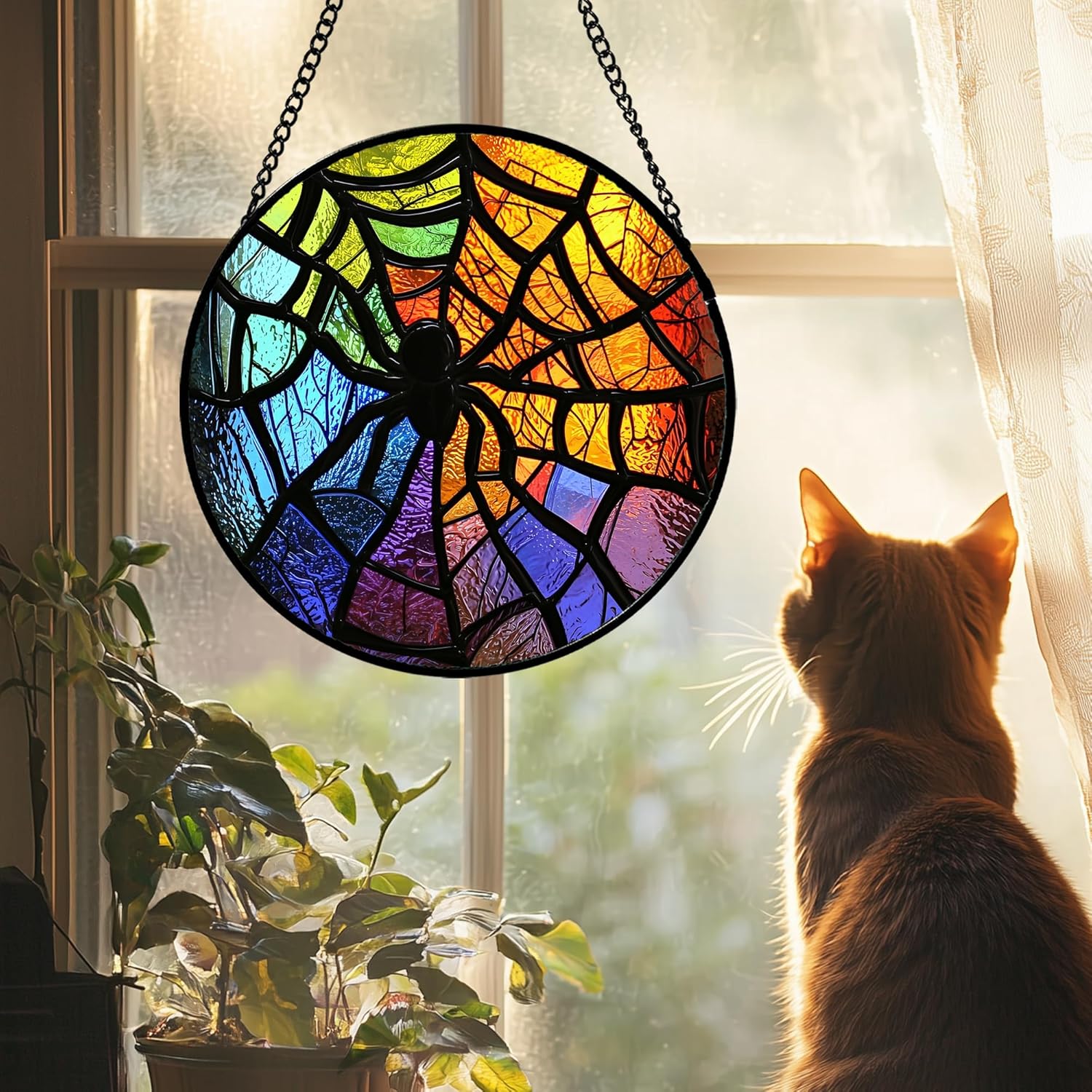 Stained Glass Suncatcher, Colorful Spider Sun Catcher Black Insect Stain Glass Window Hanging Decoration Mother's Day Birthday Gifts for Women Men Mom Nana 9.8 in - Image 2