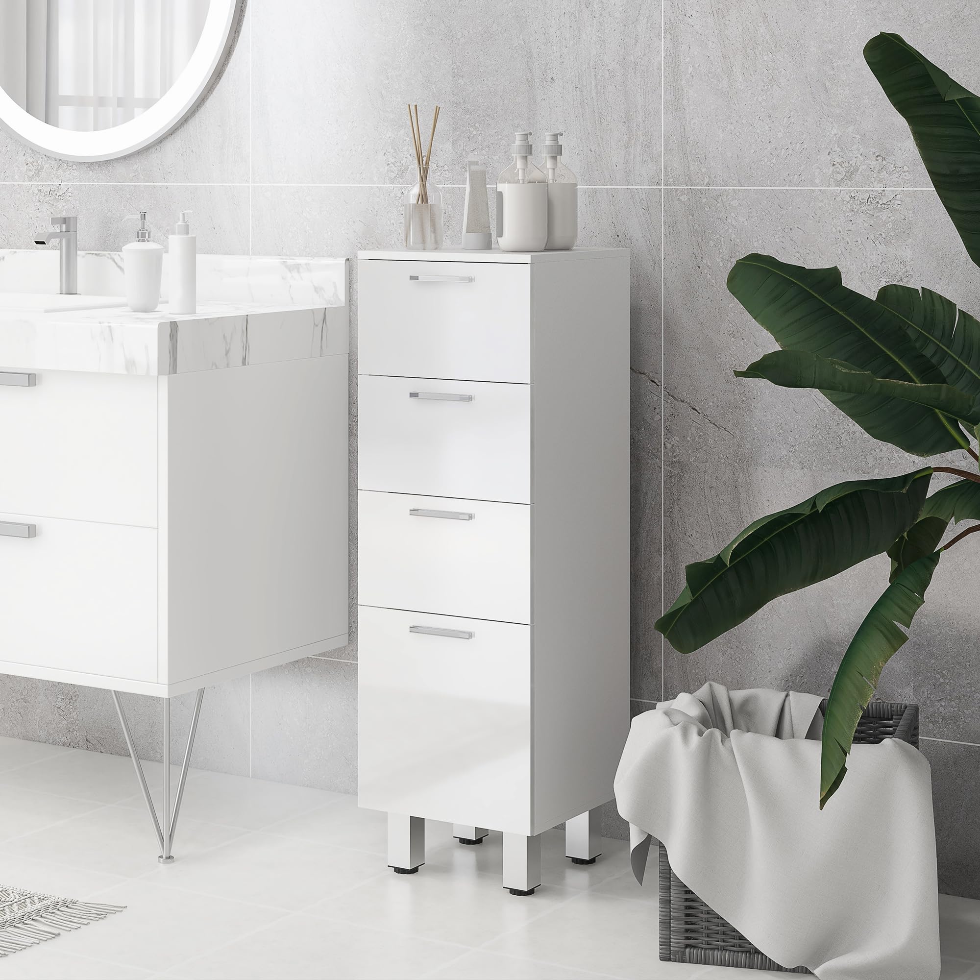 kleankin Mobile Bagno Salvaspazio con 4 Cassetti e Base Rialzata, Mobiletto da Bagno in Legno con Piedini, 30x30x93 cm, Bianco