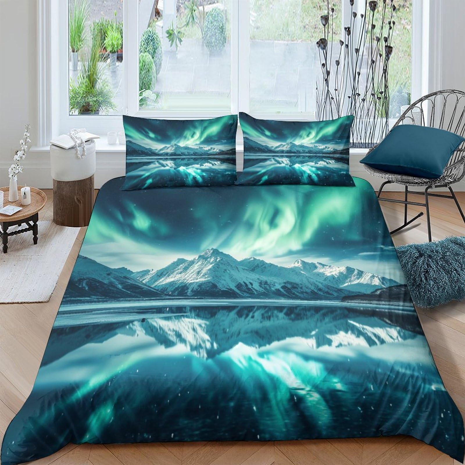 Stampato in 3D Aurora norvegese Copertina Stampata Microfibra Disegnata Biancheria Da Letto Ipoallergenico Con 2 Federe,Double（200x200cm）, Per Adolescenti E Adulti