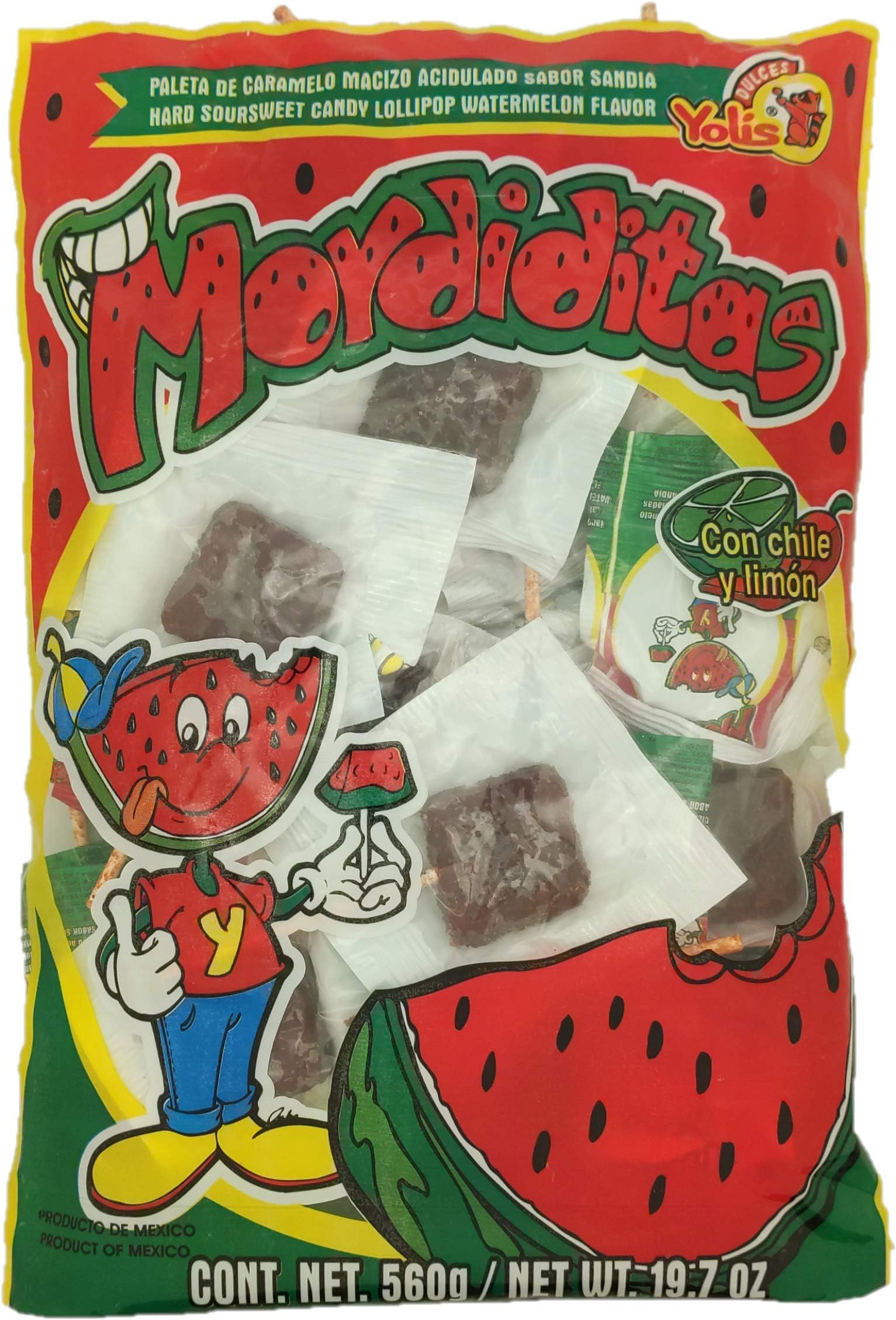 Yolis Mordiditas Chili covered Watermelon Pops 40 pieces (560 grams/ 19.7oz) original Intense hot Flavored Lollipops rebanaditas super spicy intense tasty mexican candy snacks sandia con chile paletas