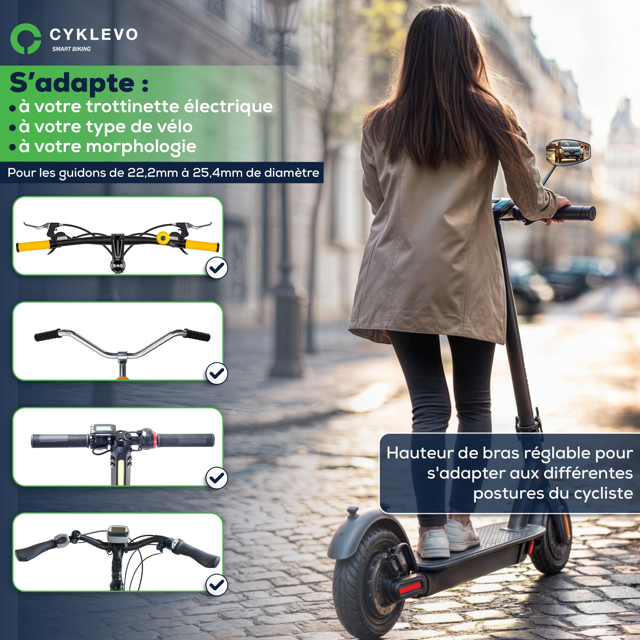 Lot 2 Rétroviseurs Vélo Universels – Gauche + Droit – Vision Large & Stable – Miroirs Antichoc Pivotants 360° – VTT VAE VTC Trottinette