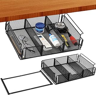 LIBOOI Under Desk Drawer, Hanging Pullout Storage Organizer, Metal Hidden Desktop Organizer, Attachable Under Desk Basket Slide-out, for Office Home School Closet