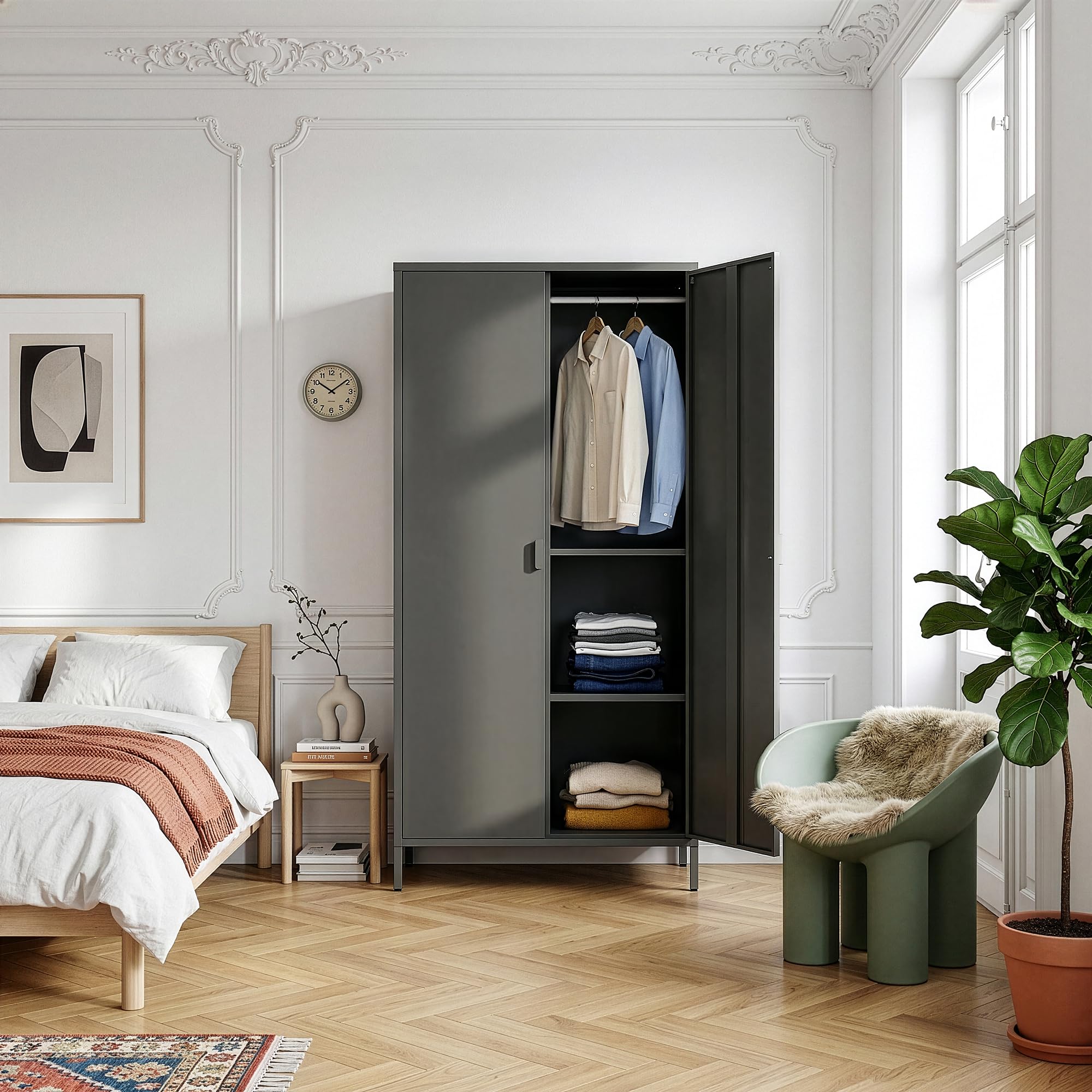 [en.casa] Armadio Guardaroba a 2 Ante e 2 Barre Aste Appendiabiti Armadio in Acciaio con Vano Portabiti e 4 Ripiani Regolabili per Camera da Letto Ingresso 170 x 80 x 45 cm - Nero