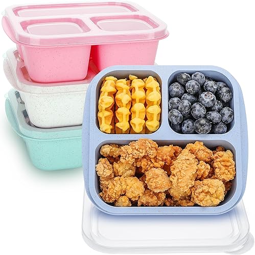 Caja Bento para niños, paquete de 4 recipientes de 3 compartimentos para preparación de comidas, contenedores de almuerzo reutilizables, recipientes