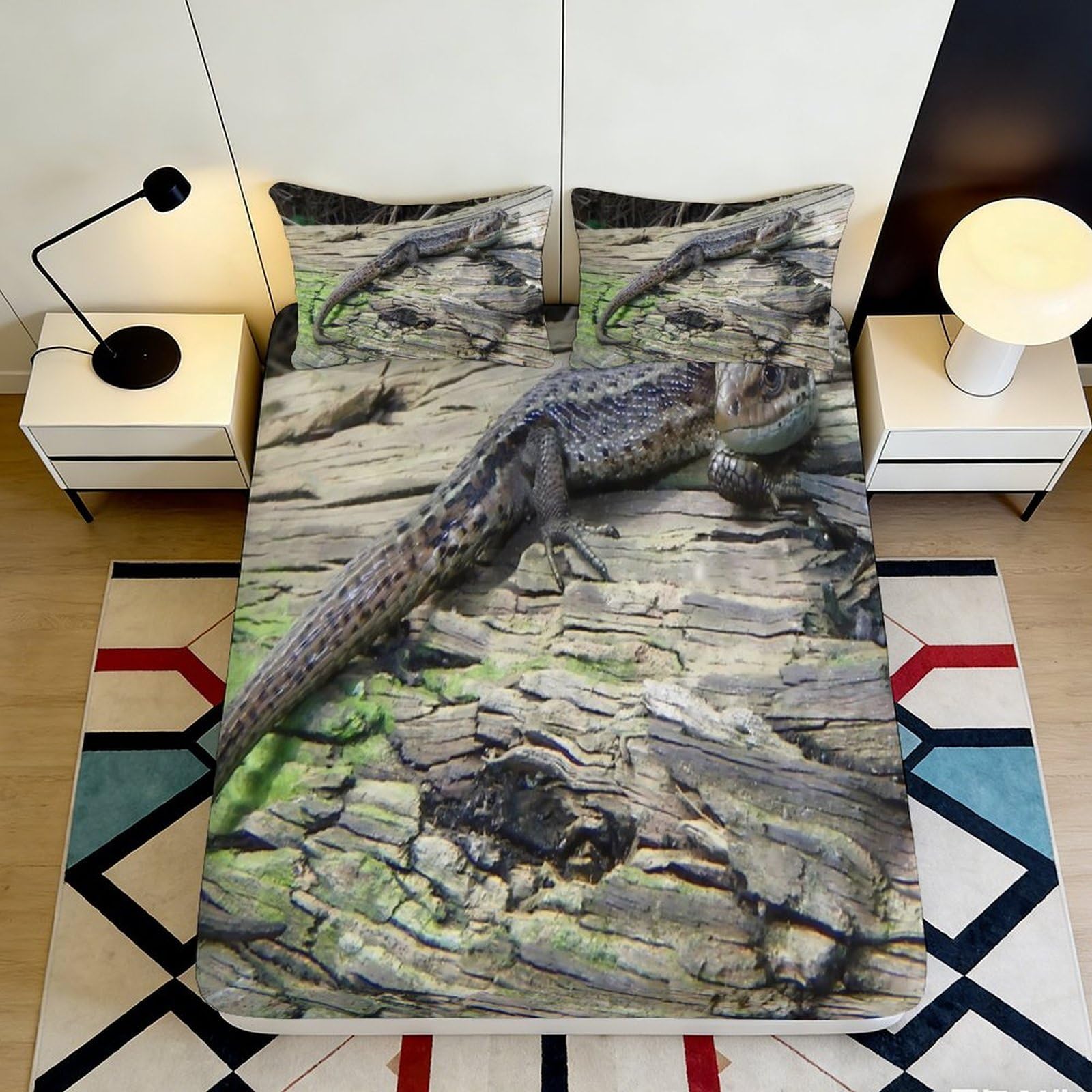3D Printed Lizard Pattern Fitted Sheet Microfiber Soft Breathable Reptile Design Bed Cover for Bedroom Dormitory Guest Room Mattress Protection Decor 160x200x25cm
