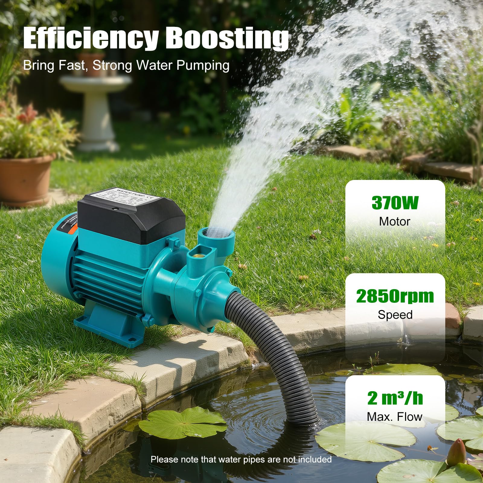 Gartenpumpe 370W 220V, Geräuscharmer Druckerhöhungspumpe 2000 l/h, 38 m Förderhöhe Hauswasserwerk pumpe Bewässerungspumpe Elektropumpe