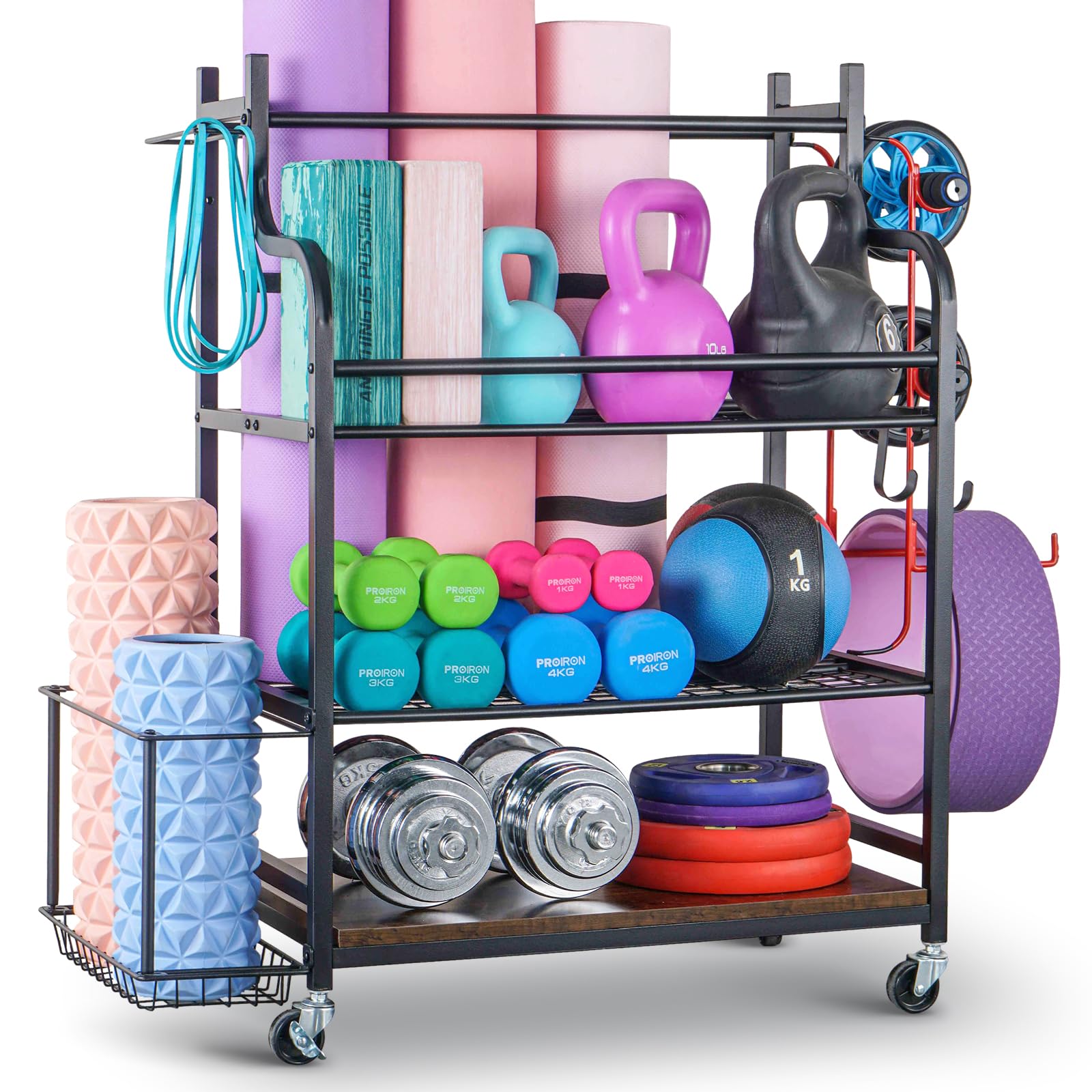 Mythinglogic Yoga Mat Storage Racks,Home Gym Storage Rack for Dumbbells Kettlebells Foam Roller, Yoga Strap and Resistance Bands, Workout Equipment Storage Organizer With Hooks and Wheels