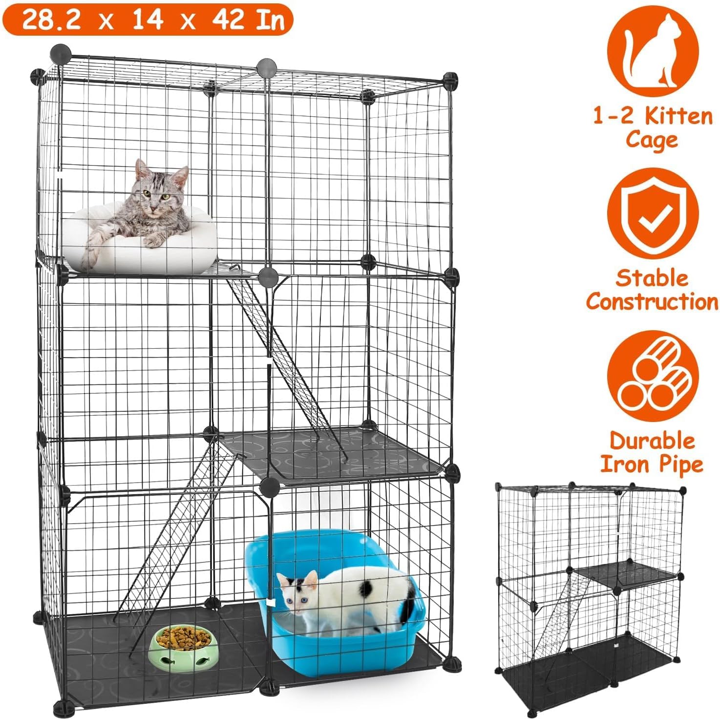KOCASO 3 Tier Metal Cat Cage Indoor Playpen Detachable Kitty House with 3 Doors, 2 Ladders Large Activity Center for 1-2 Cats, Black