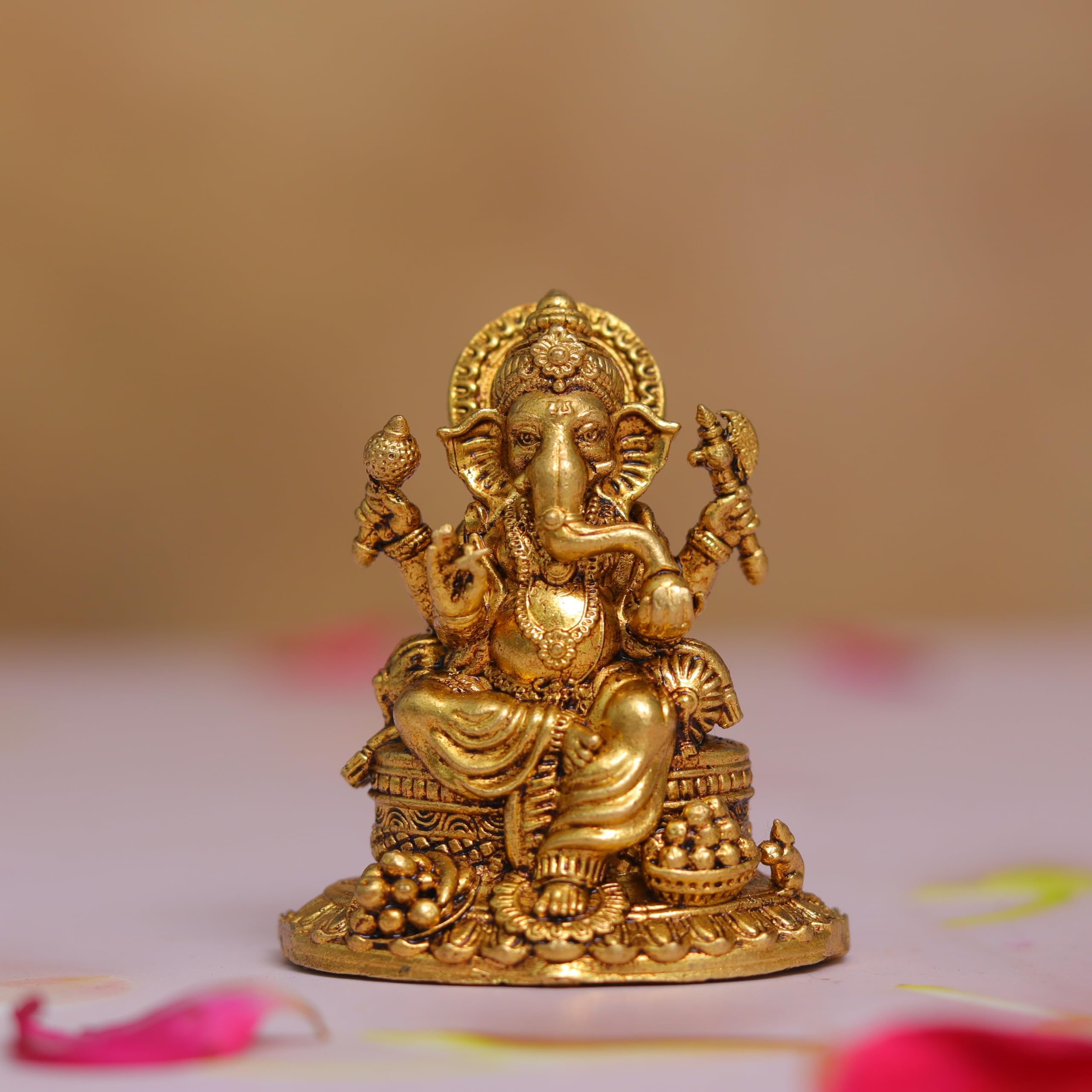 Brass Ganesha Idol - Small 5 cm Ganpati Murti Statue for Home Pooja Decor and Car Dashboard, Beautiful Craftsmanship