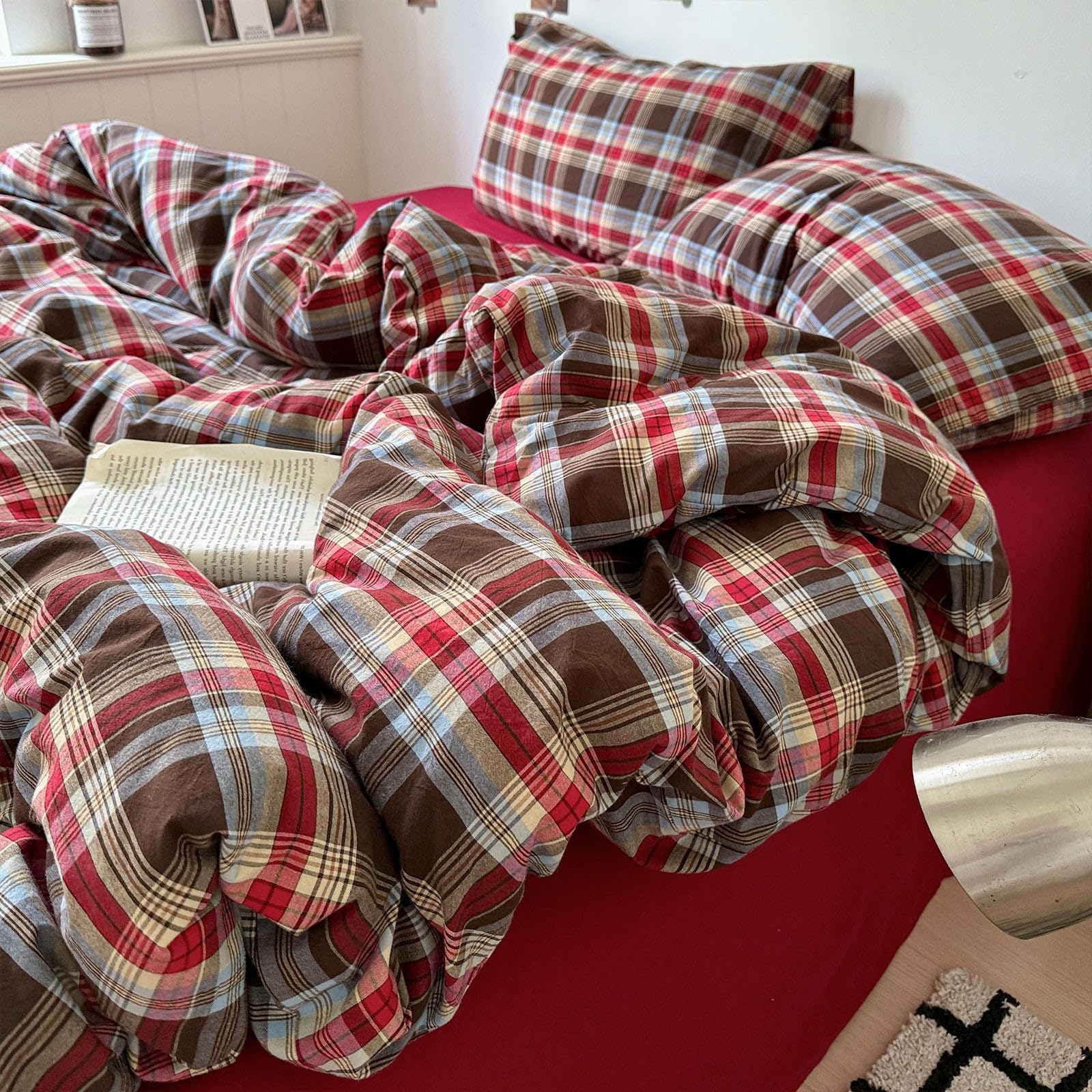 VM VOUGEMARKET Red Buffalo Gingham Duvet Cover Set Queen,3 Pieces Washed Cotton Bedding Set,Breathable Luxury Plaid Duvet Cover with Zipper Closure for Girls (Red&amp;Brown)
