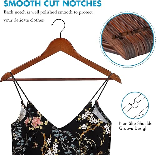 Miniatura 5 de JS HOME Paquete de 20 perchas de madera resistente con acabado extra suave, muescas cortadas con precisión y gancho giratorio negro de 360 grados,