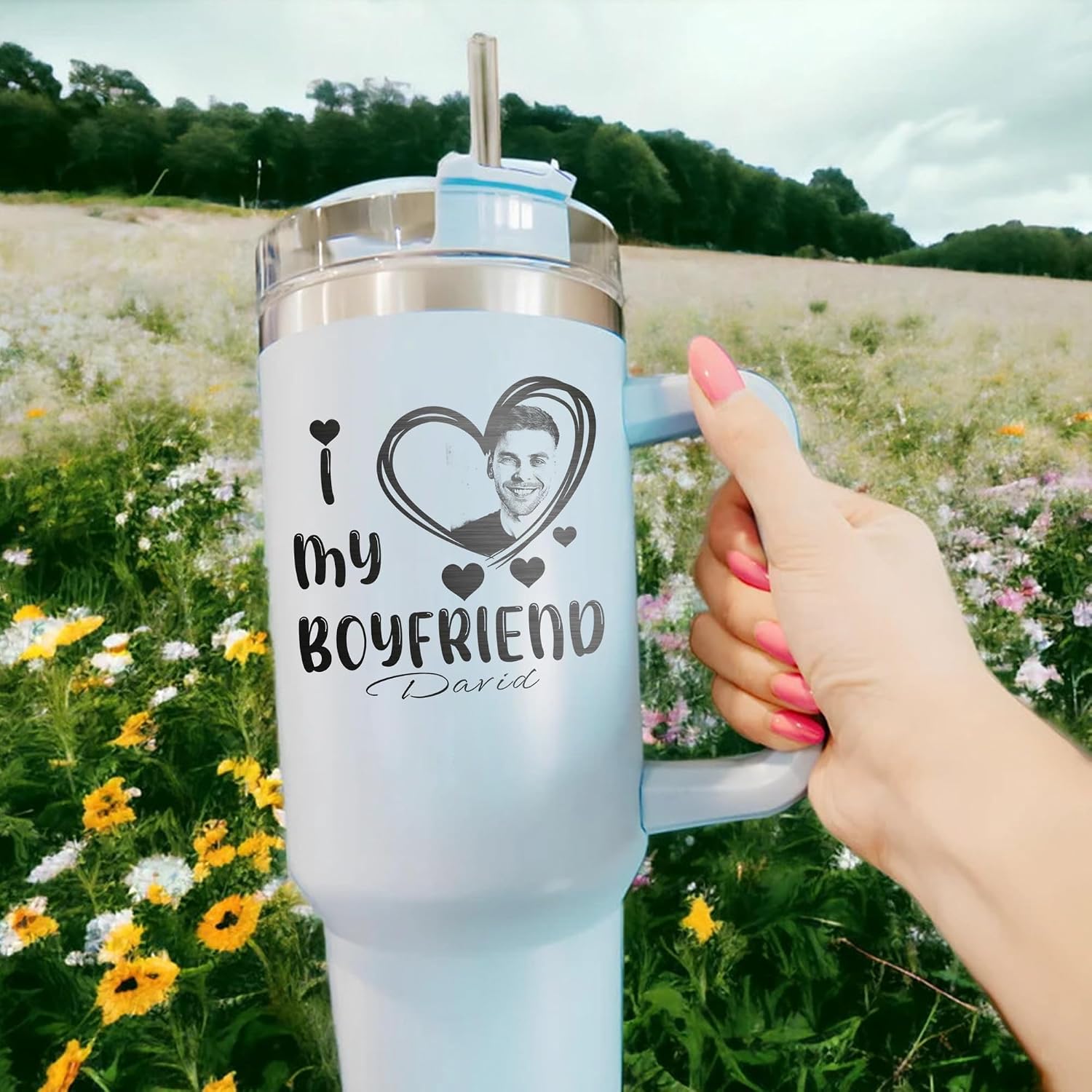 I love my Boyfriend Personalized Tumbler 40 oz Laser Engraved, Insulated Cup with Handle, Lid and Straw, Love Gift for Men, Gifts Valetine for boyfriend, Birthday Gift, Valentine's day, Custom tumbler