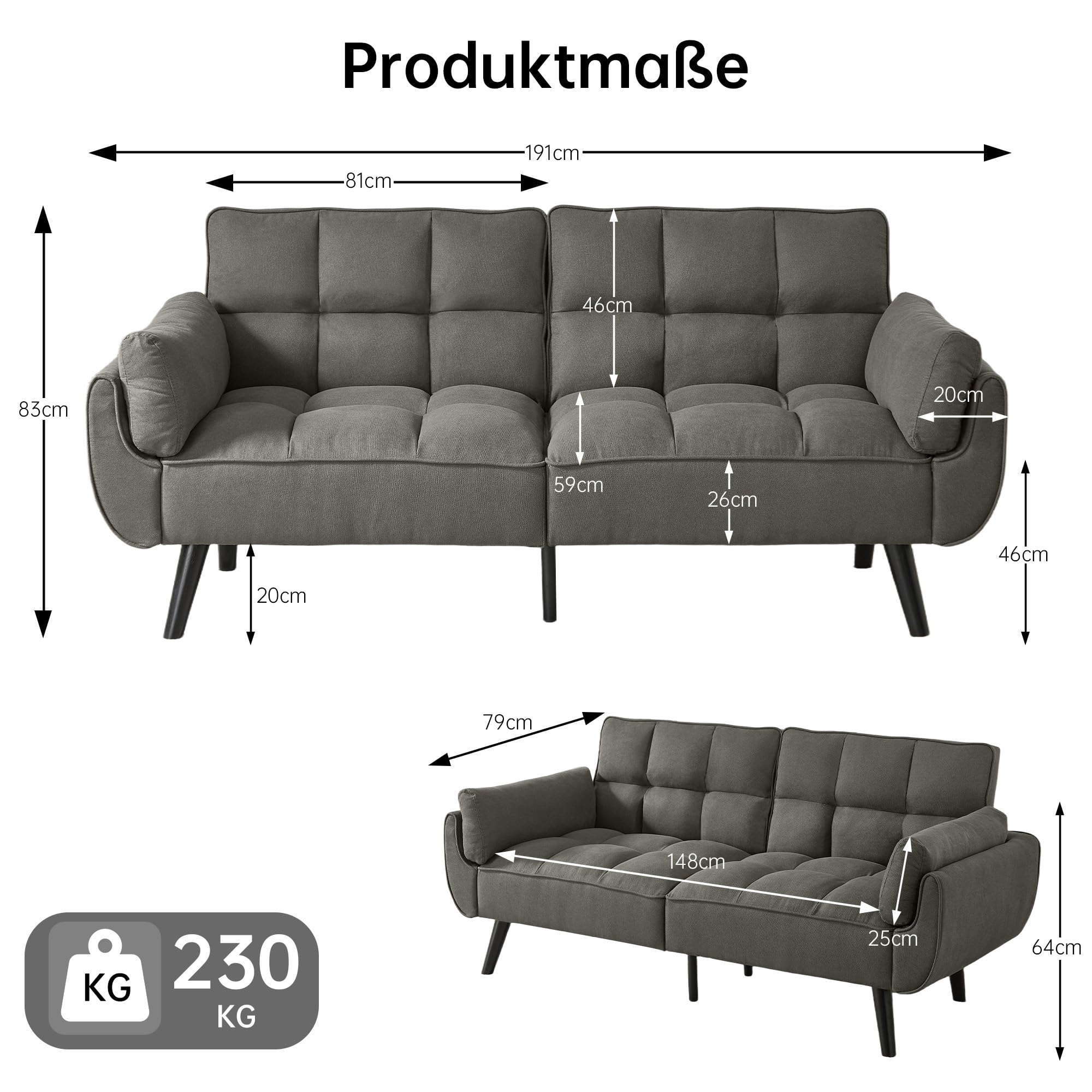 JIEXI Dreifaches Schlafsofa Dunkelgrau, Sofa Klein 191x83cm | Rückenlehne ohne Klappfunktion, bequem, geeignet für Wohnzimmer, Schlafzimmer, Zimmer
