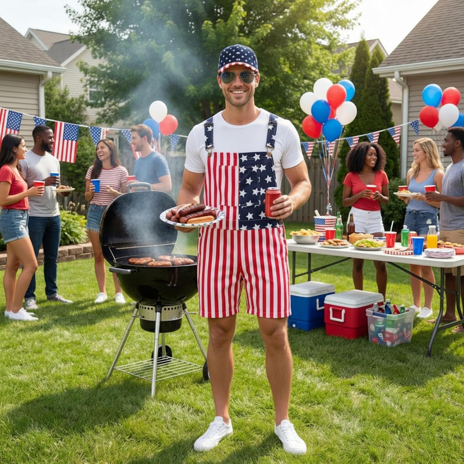 Mepase 3 Pcs American Flag Overall Anniversary 4th of July Costume Set USA Patriotic Hat Sunglass Coverall Women Men