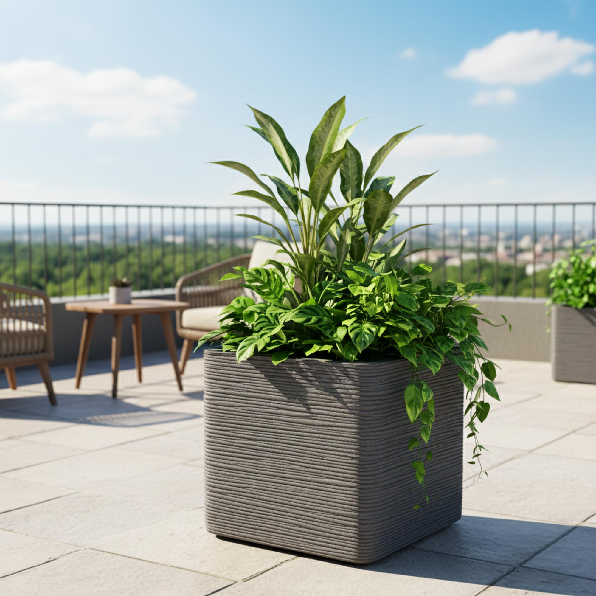 Pincho Maceteros Grandes Exterior Macetas Cuadradas, Tiestos para Plantas Interior, Decoración Terraza Exterior + Textura Piedra, Plástico PE Anti-UV - 40×40×33 cm, Gris, Fondo Reforzado (1)