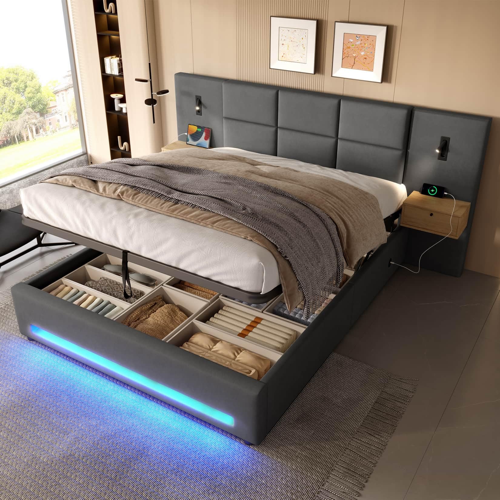 PUGSDRLY Lit 180x200 avec Sommier à Lattes Solide,Lit Coffre 2 Personnes Rembourré avec Tiroirs de Chevet,LED Réglable,Port USB-C,Stockage Hydraulique,pour Ados Adultes(Gris foncé)