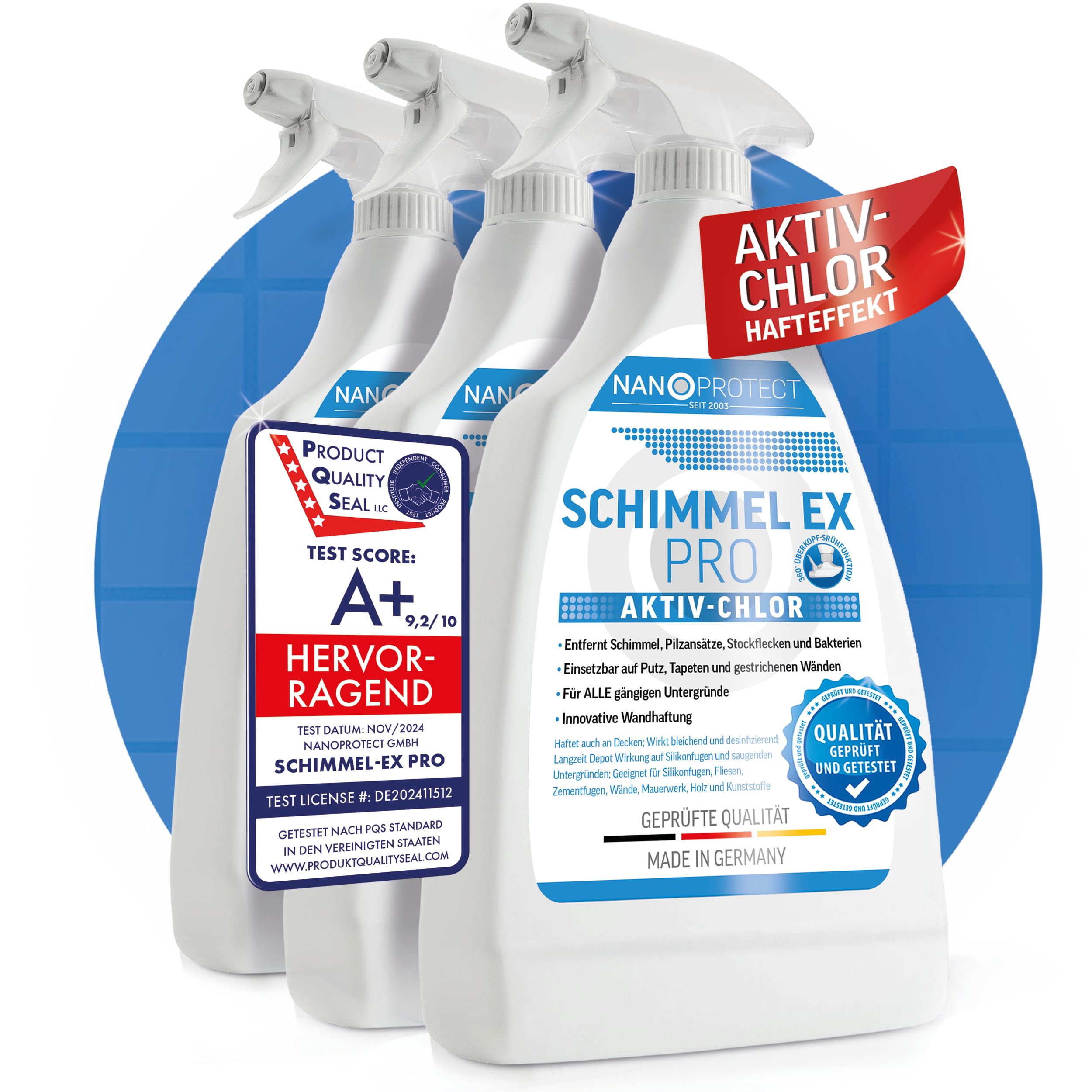 Nanoprotect Schimmelentferner | 3er Set | Extrastark durch Aktiv-Chlor | Professionelles Schimmelspray mit Hafteffekt | Anti Schimmel | Bad, Wand, Fugenreiniger