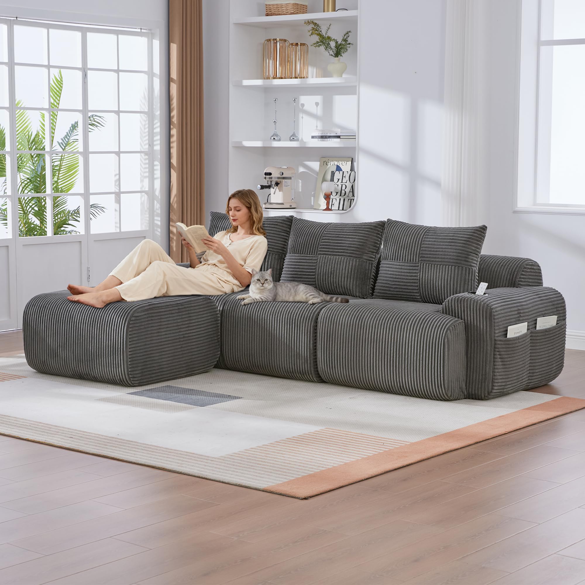 Yihomfy Canapé Modulaire en Velours Corde, Canapé d'angle en Forme de L, Configuration Libre, avec Porte-Gobelet et Poches Latérales, Canapé Cloud pour Salon