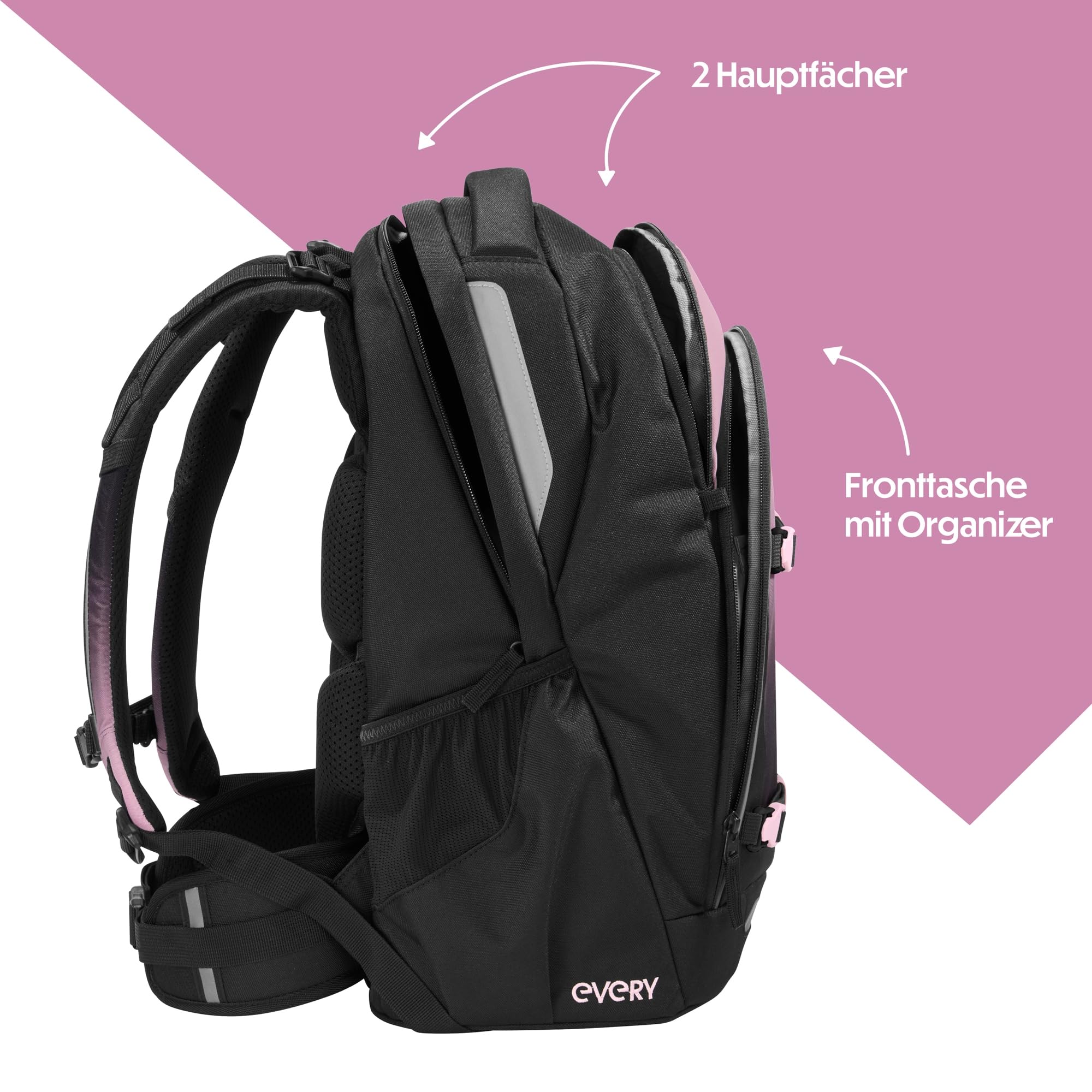 Coocazoo Schulrucksack EVERY „Rose Shadows“, schwarz-rosa, ergonomischer & anpassbarer Tornister, höhenverstellbar, mit Brustgurt & Hüftgurt, ab der 3. Klasse