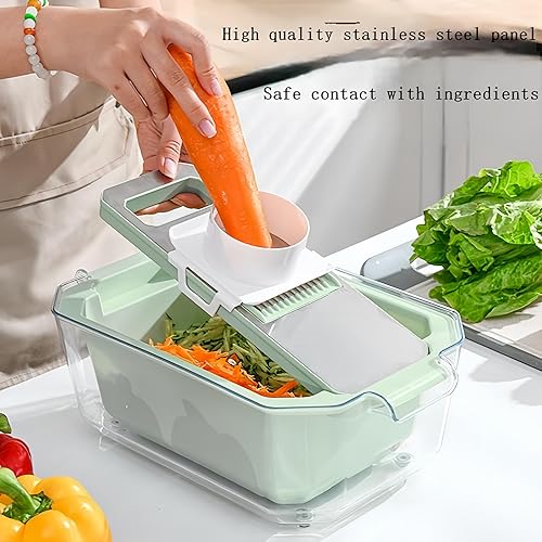 Miniatura 2 de Rallador de mandolina con cesta de drenaje, rallador de alimentos con contenedor, triturador de cocina 6 en 1 de acero inoxidable, rallador de