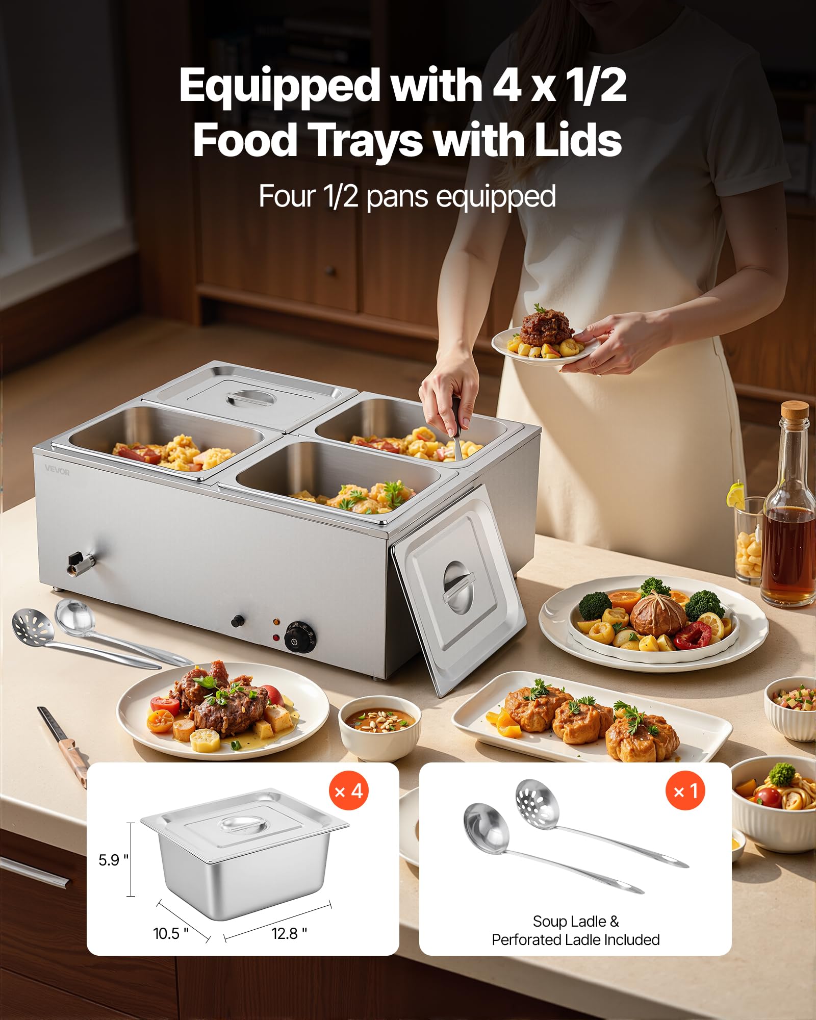 VEVOR Calentador de Alimentos 1500 W, Eléctrico, Acero Inoxidable, con Vapor y Tapa, a 4 Bandejas de Calentamiento Rápido, a Buffet de Encimera, Baño María con Cucharones para Sopa y Perforados