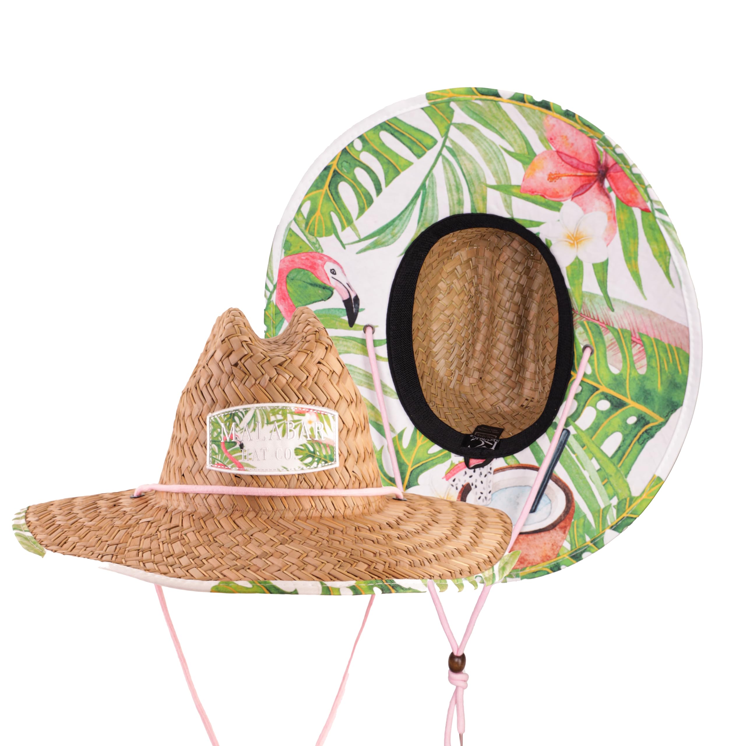 KC Republic Woman's Sun Hat Straw Hat with Fabric Print Lifeguard Hat Great for Beach Ocean, Cruise, and Outdoor, Malabar Hat Co. (Flamingo Hat)