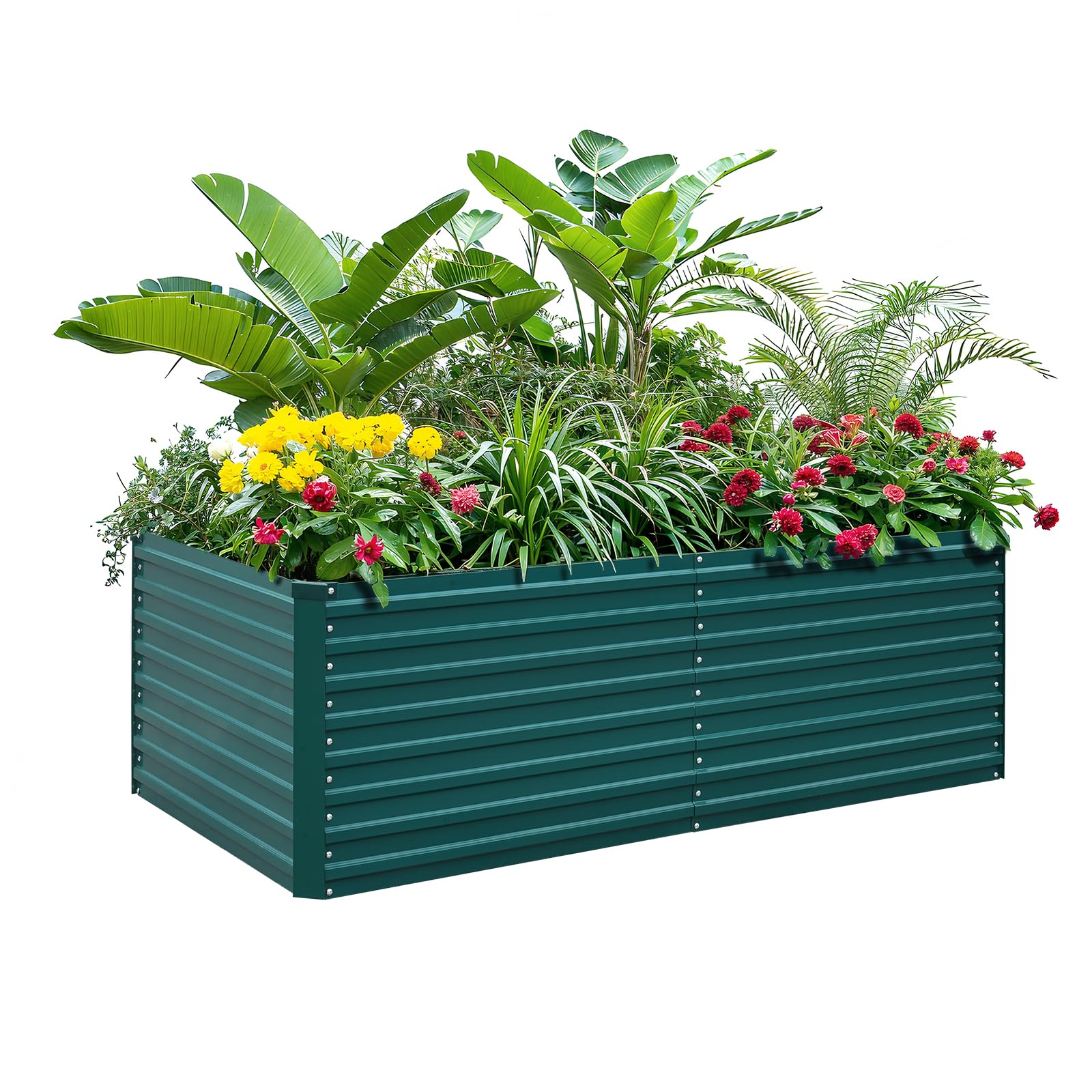 Raised Garden Bed Kit-6x3x2ft-Galvanized Steel-Ideal for Vegetables, Flowers, Herbs-Large Deep Root Planter Box-Tall Design-Includes 3ft x 30ft Weed Barrier Fabric and 1 Pair of Gloves-Green